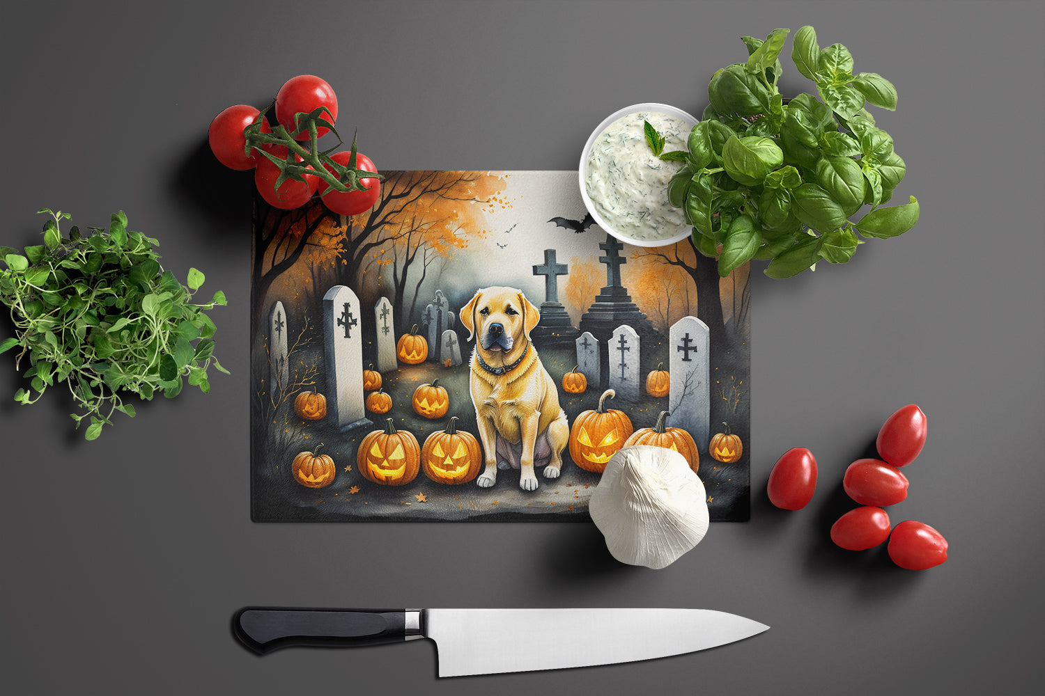 Yellow Labrador Retriever Spooky Halloween Glass Cutting Board Large  the-store.com.