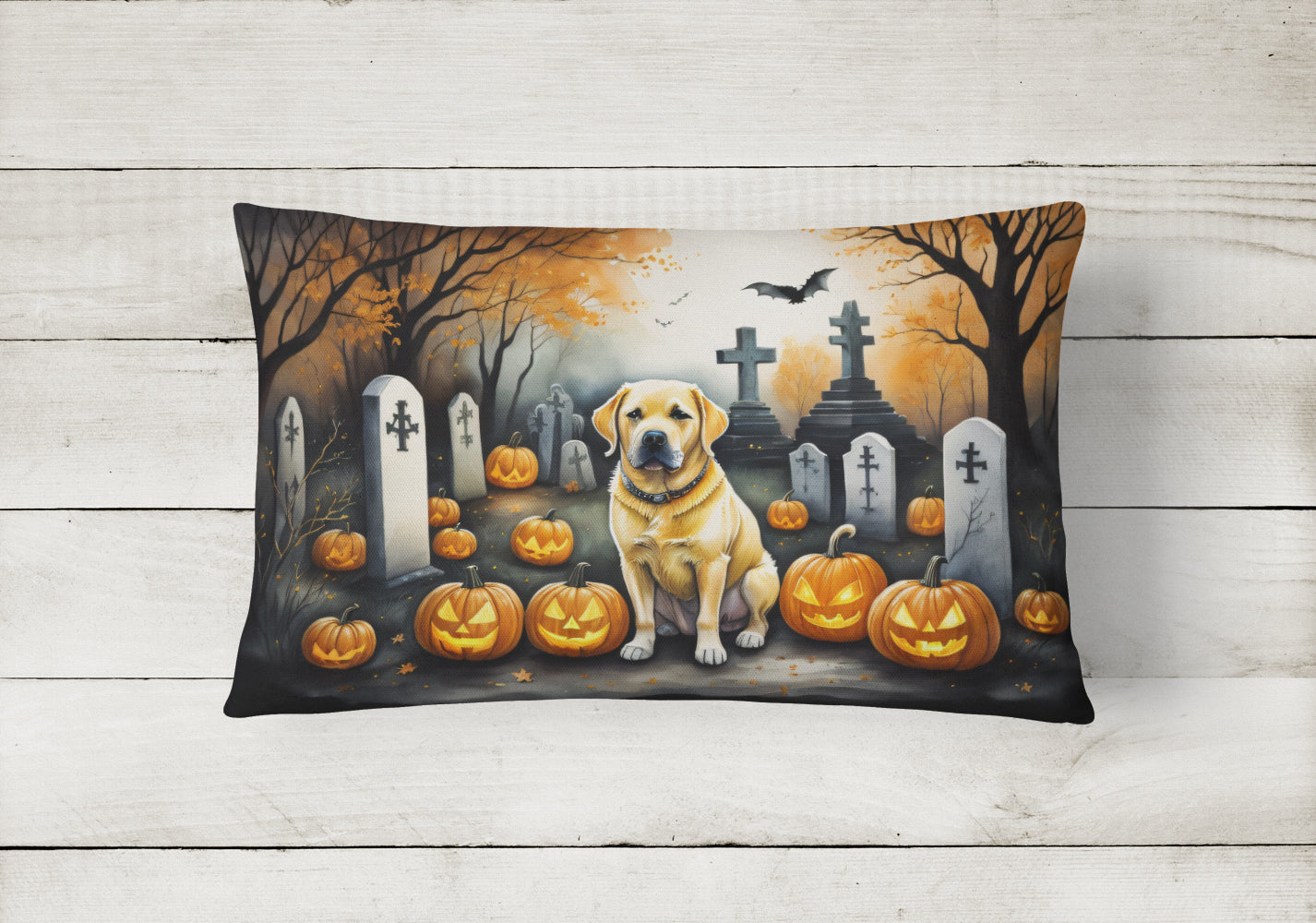 Yellow Labrador Retriever Spooky Halloween Fabric Decorative Pillow  the-store.com.