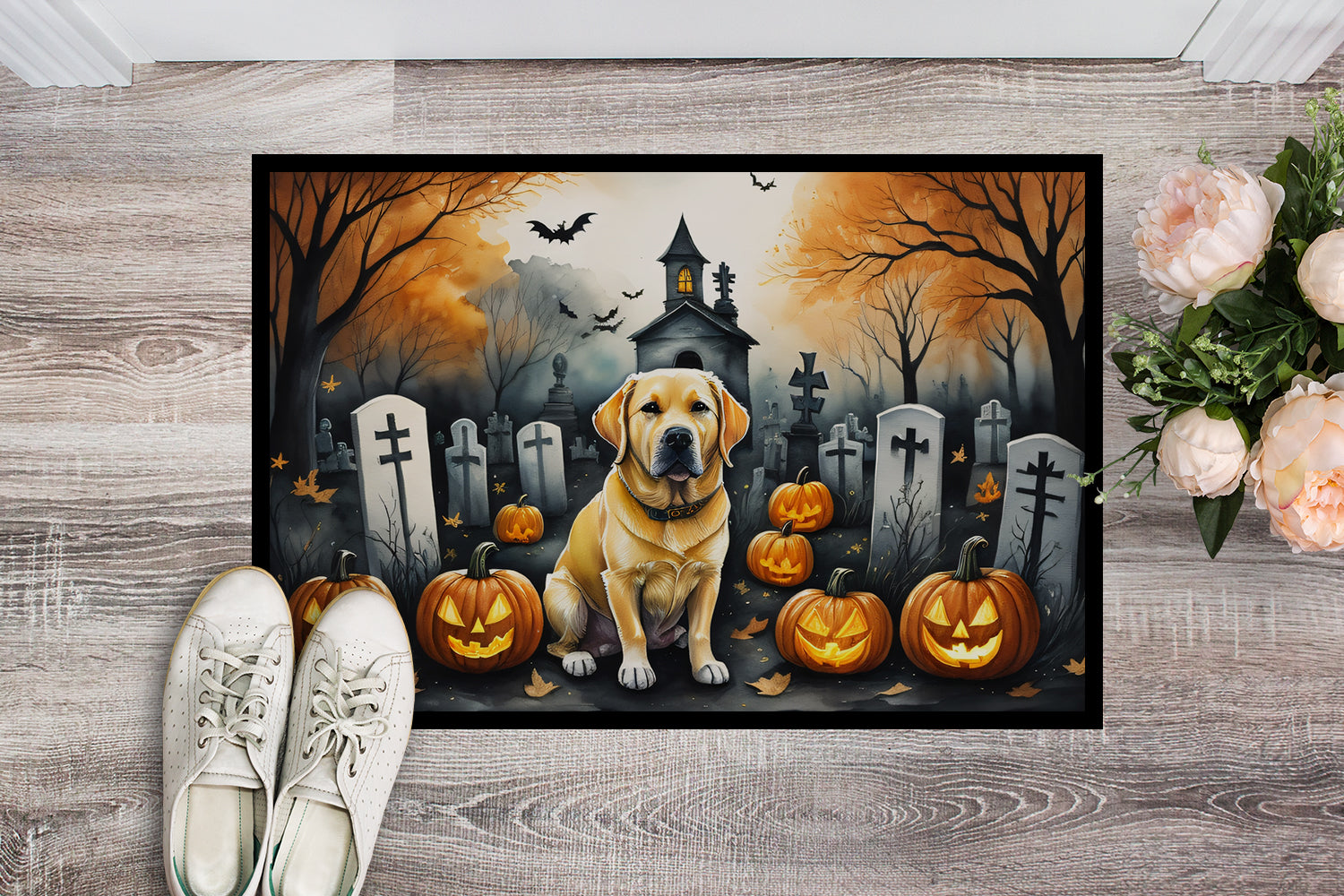 Yellow Labrador Retriever Spooky Halloween Indoor or Outdoor Mat 24x36