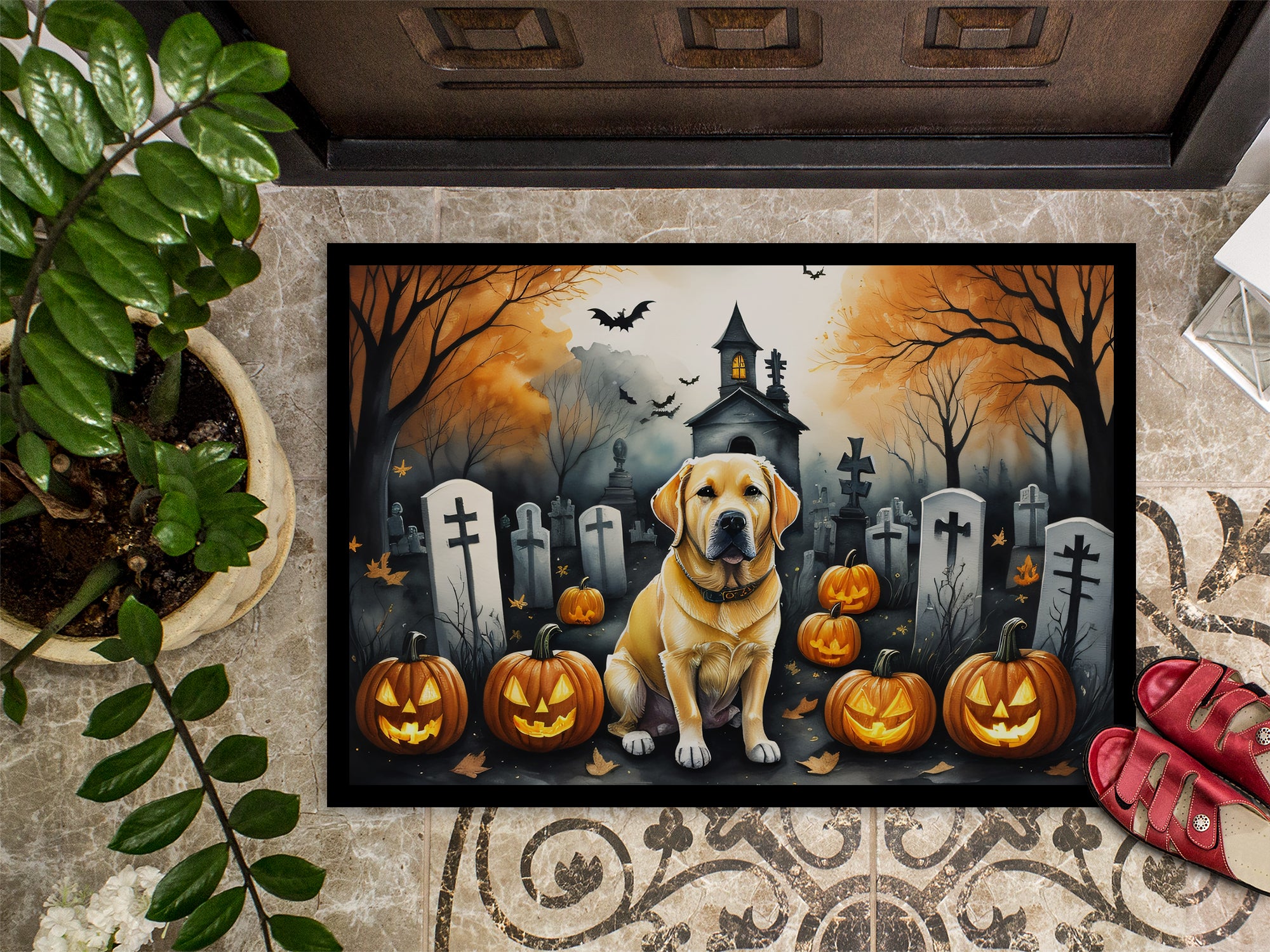 Yellow Labrador Retriever Spooky Halloween Indoor or Outdoor Mat 24x36  the-store.com.