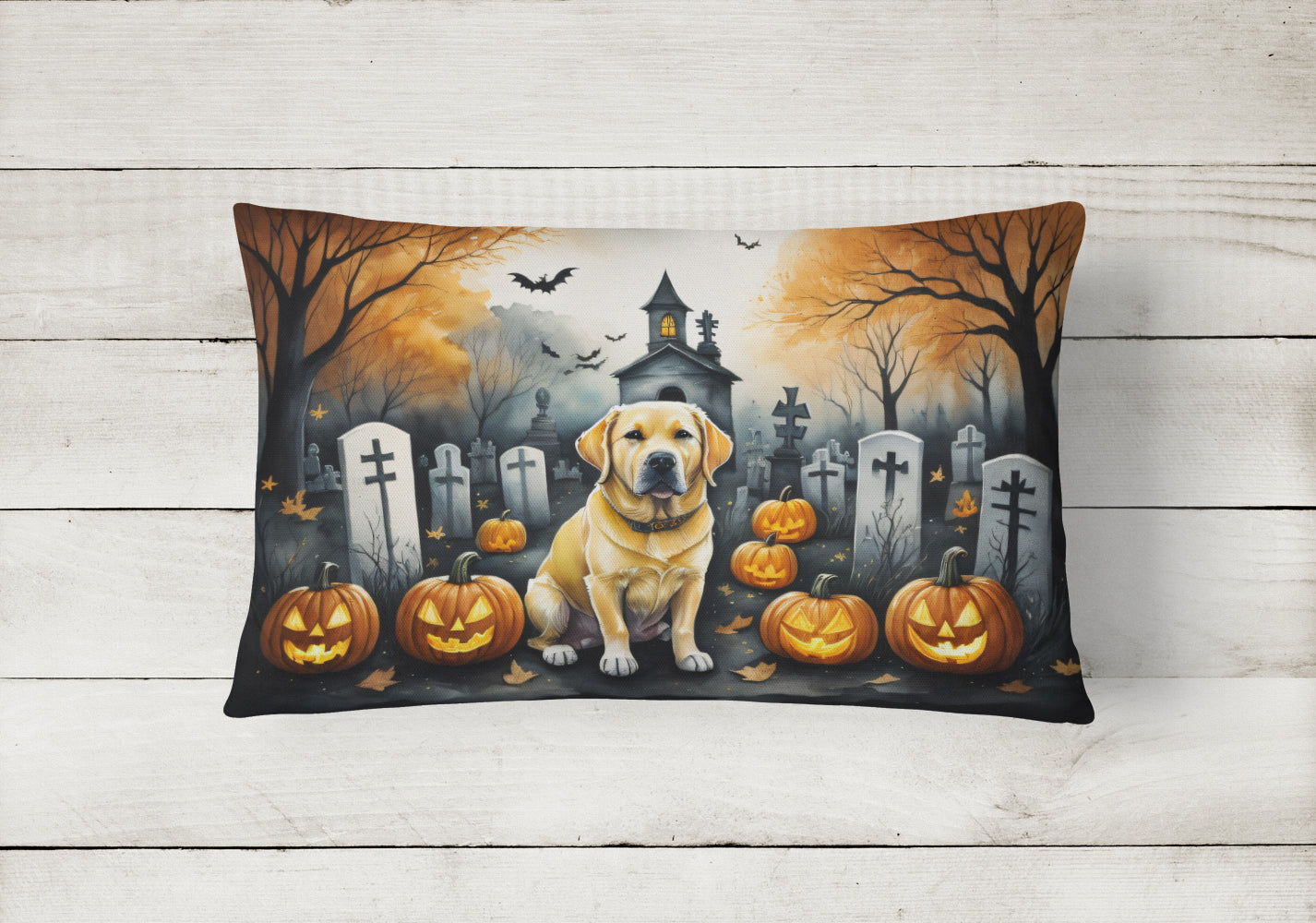 Yellow Labrador Retriever Spooky Halloween Fabric Decorative Pillow  the-store.com.