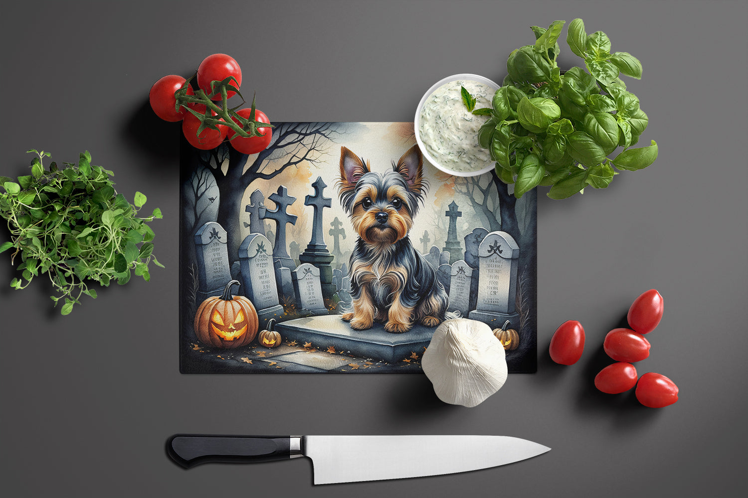 Yorkshire Terrier Spooky Halloween Glass Cutting Board Large  the-store.com.