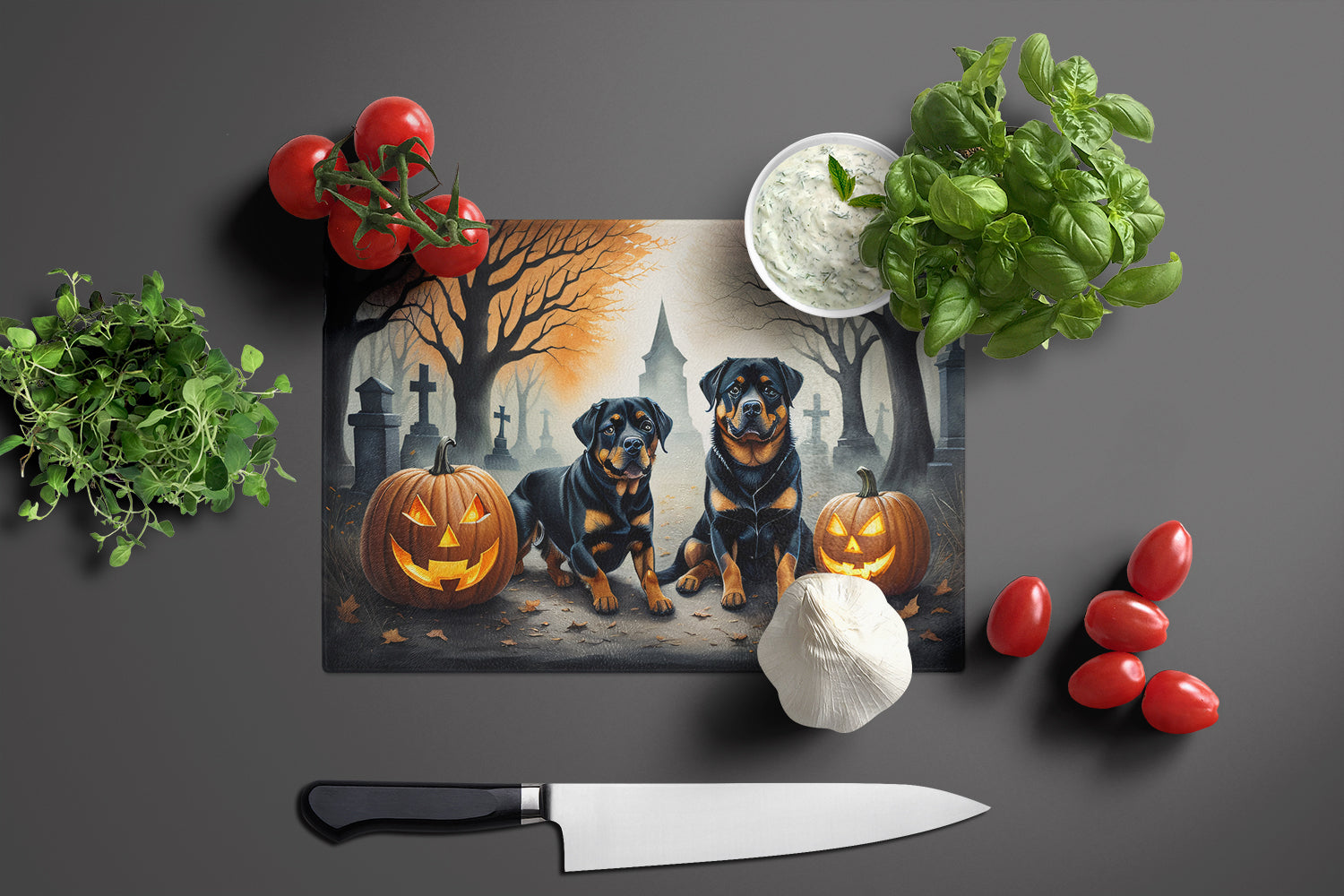 Rottweiler Spooky Halloween Glass Cutting Board Large  the-store.com.