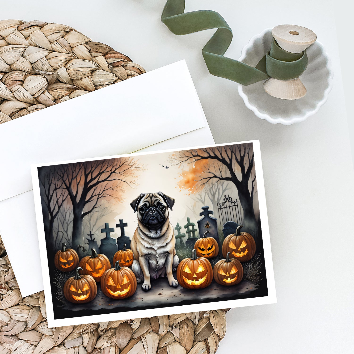 Buy this Fawn Pug Spooky Halloween Greeting Cards and Envelopes Pack of 8