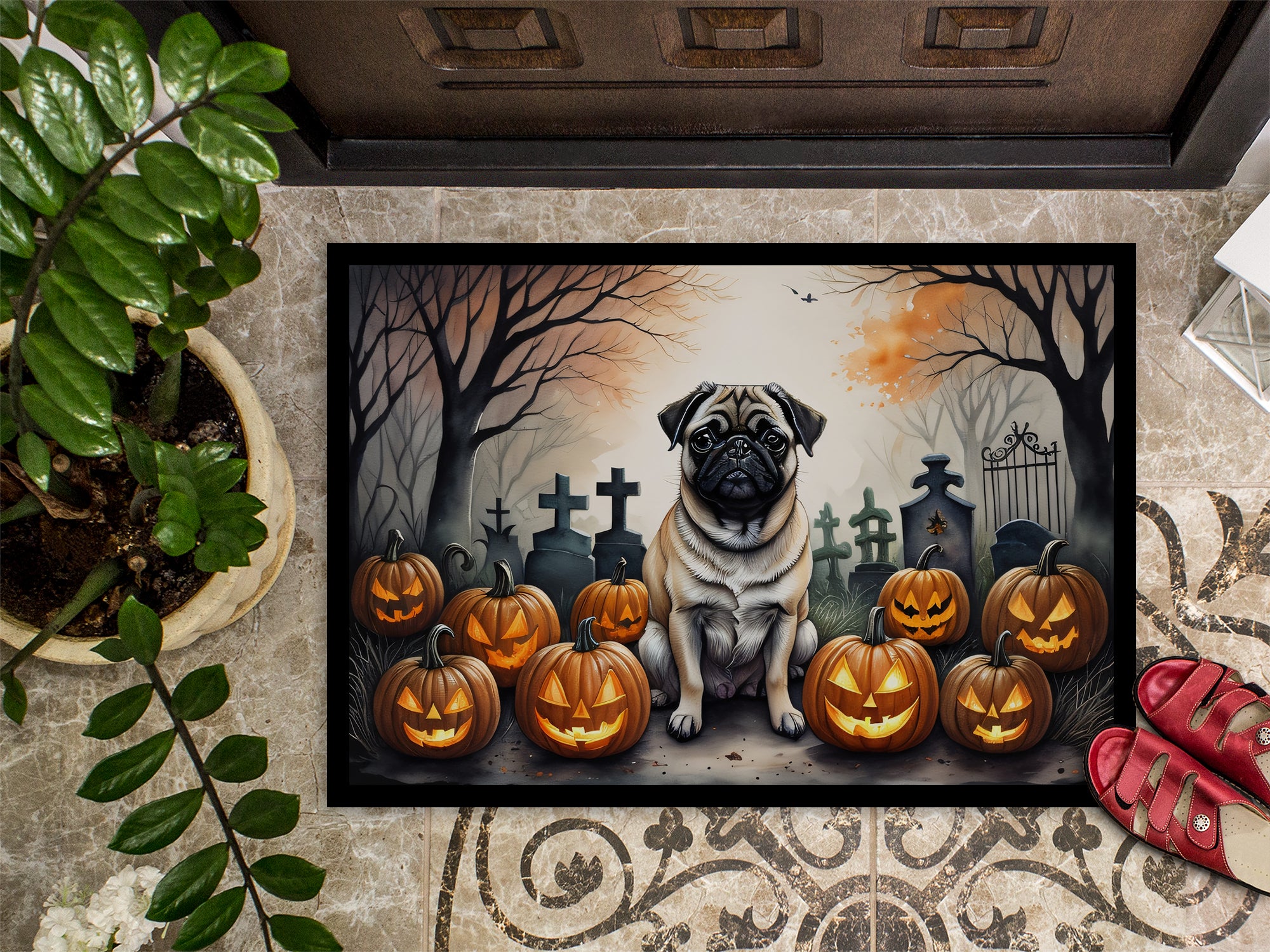 Fawn Pug Spooky Halloween Indoor or Outdoor Mat 24x36  the-store.com.