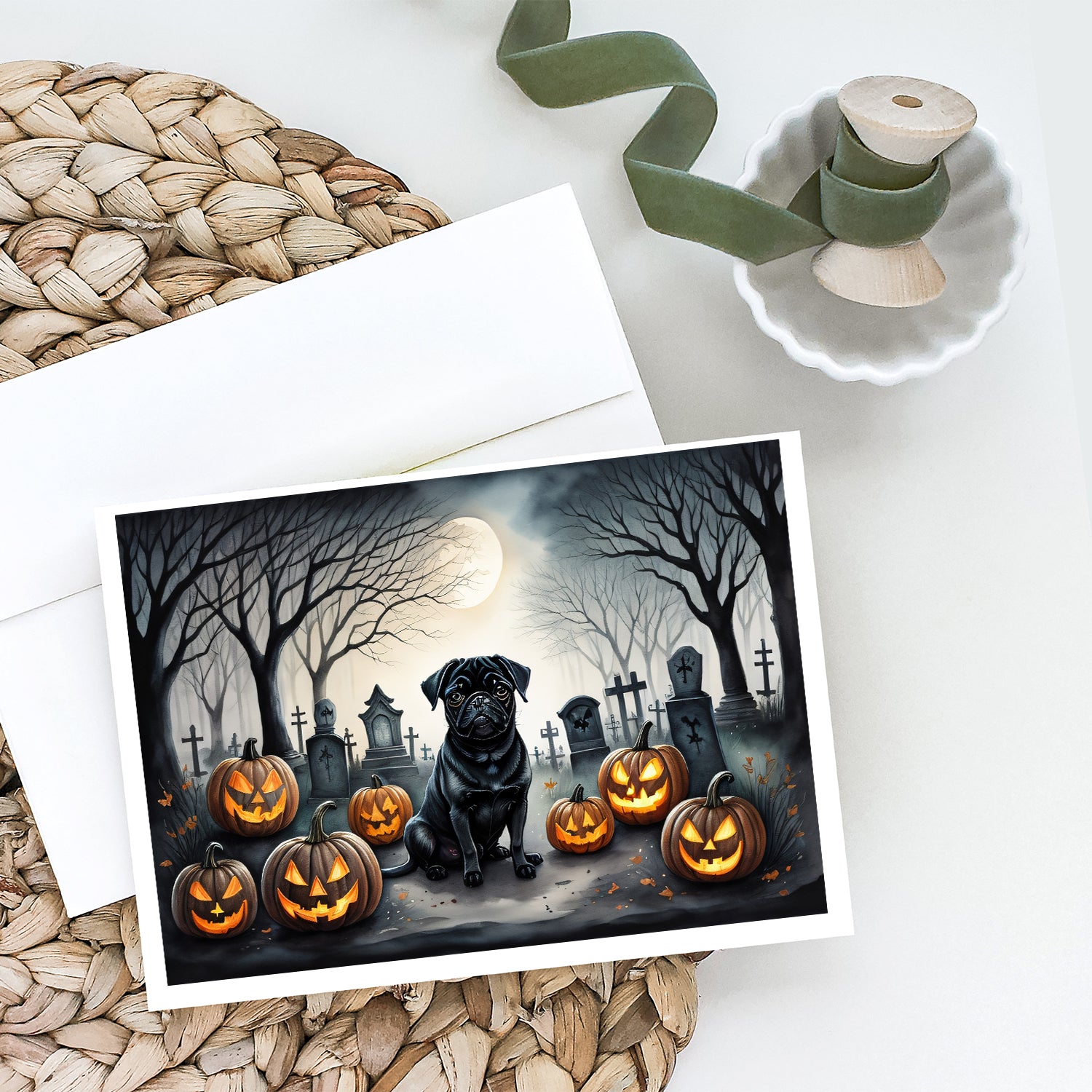 Black Pug Spooky Halloween Greeting Cards and Envelopes Pack of 8  the-store.com.