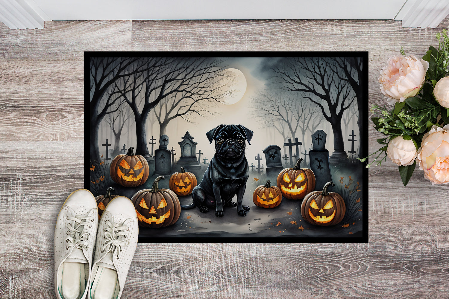 Buy this Black Pug Spooky Halloween Indoor or Outdoor Mat 24x36