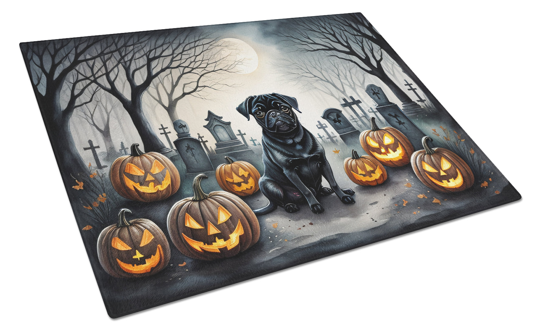 Buy this Black Pug Spooky Halloween Glass Cutting Board Large