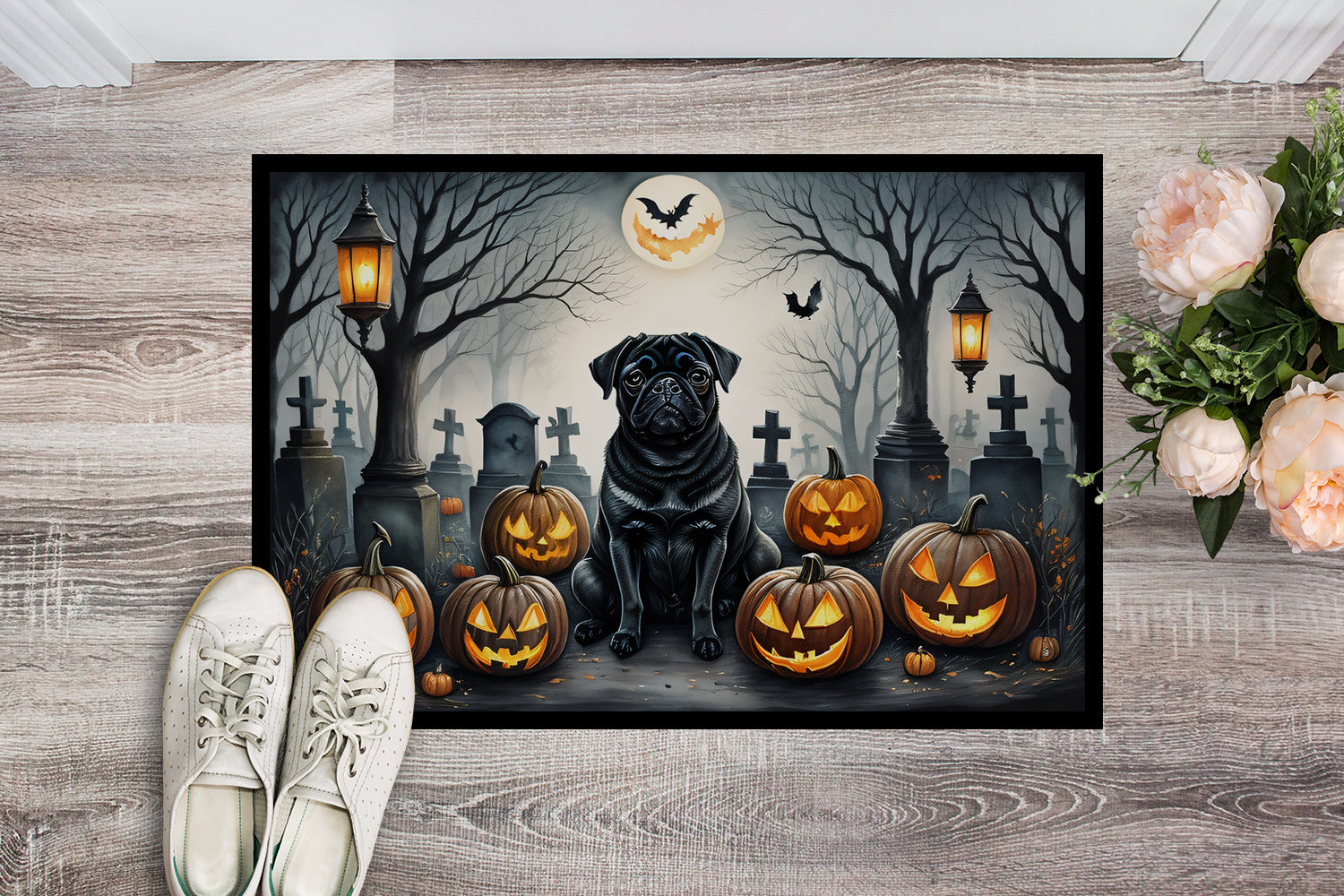 Black Pug Spooky Halloween Indoor or Outdoor Mat 24x36  the-store.com.