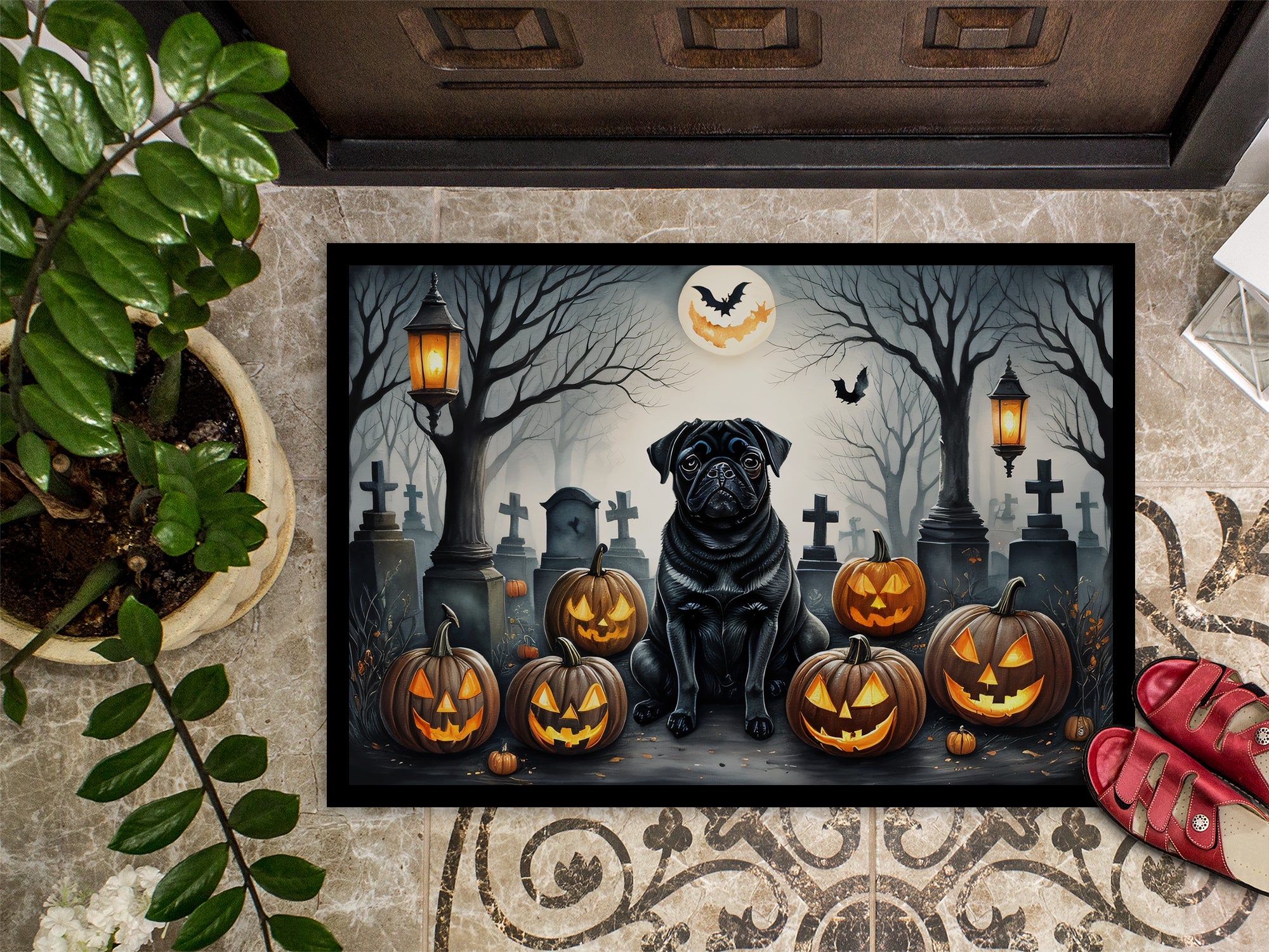 Black Pug Spooky Halloween Indoor or Outdoor Mat 24x36  the-store.com.