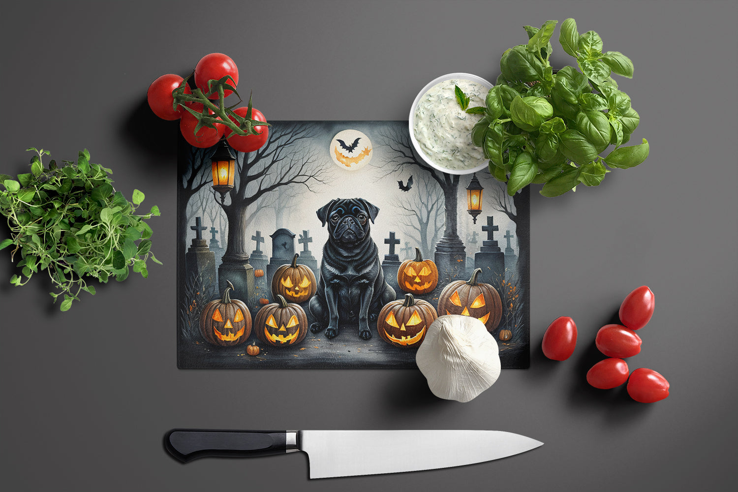 Black Pug Spooky Halloween Glass Cutting Board Large  the-store.com.