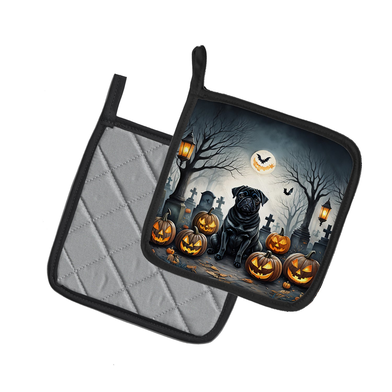 Black Pug Spooky Halloween Pair of Pot Holders