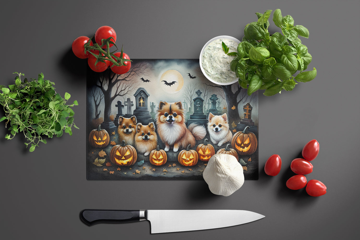 Pomeranian Spooky Halloween Glass Cutting Board Large  the-store.com.