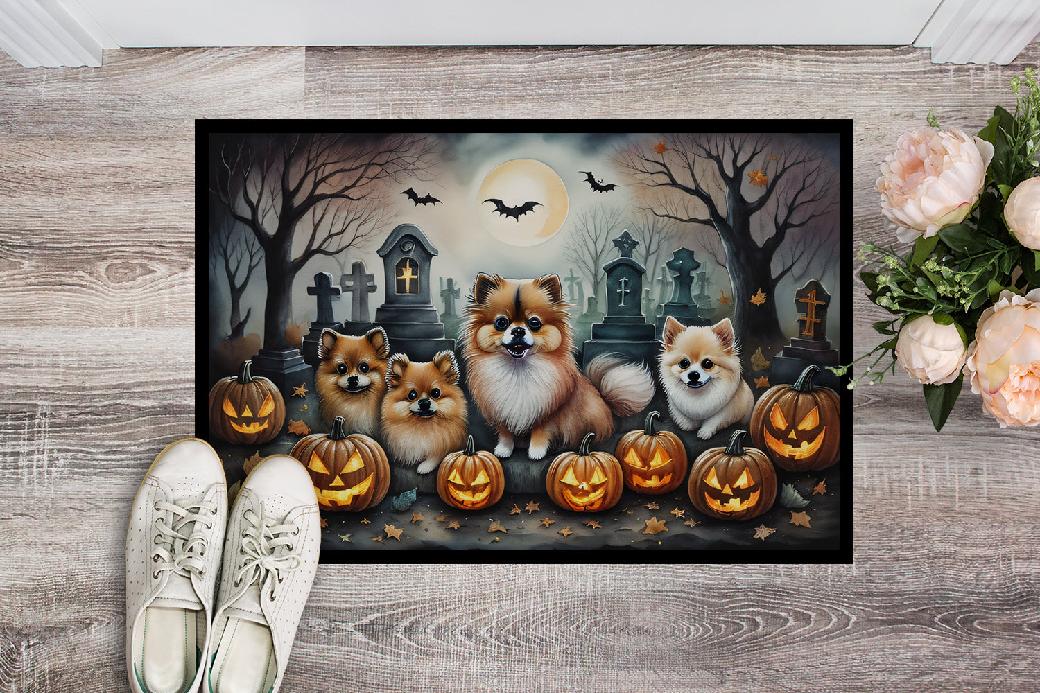 Pomeranian Spooky Halloween Doormat 18x27  the-store.com.