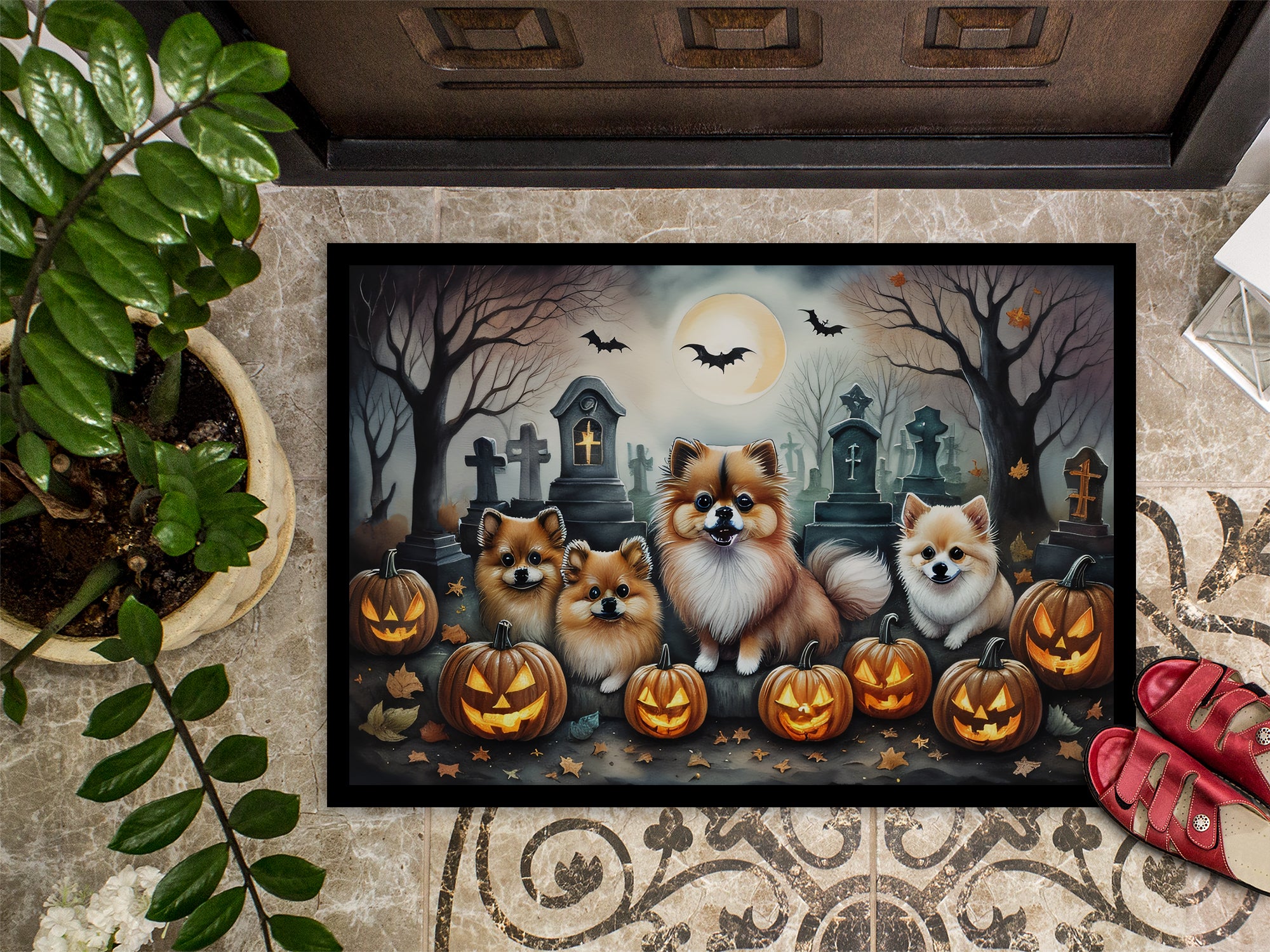 Pomeranian Spooky Halloween Doormat 18x27  the-store.com.