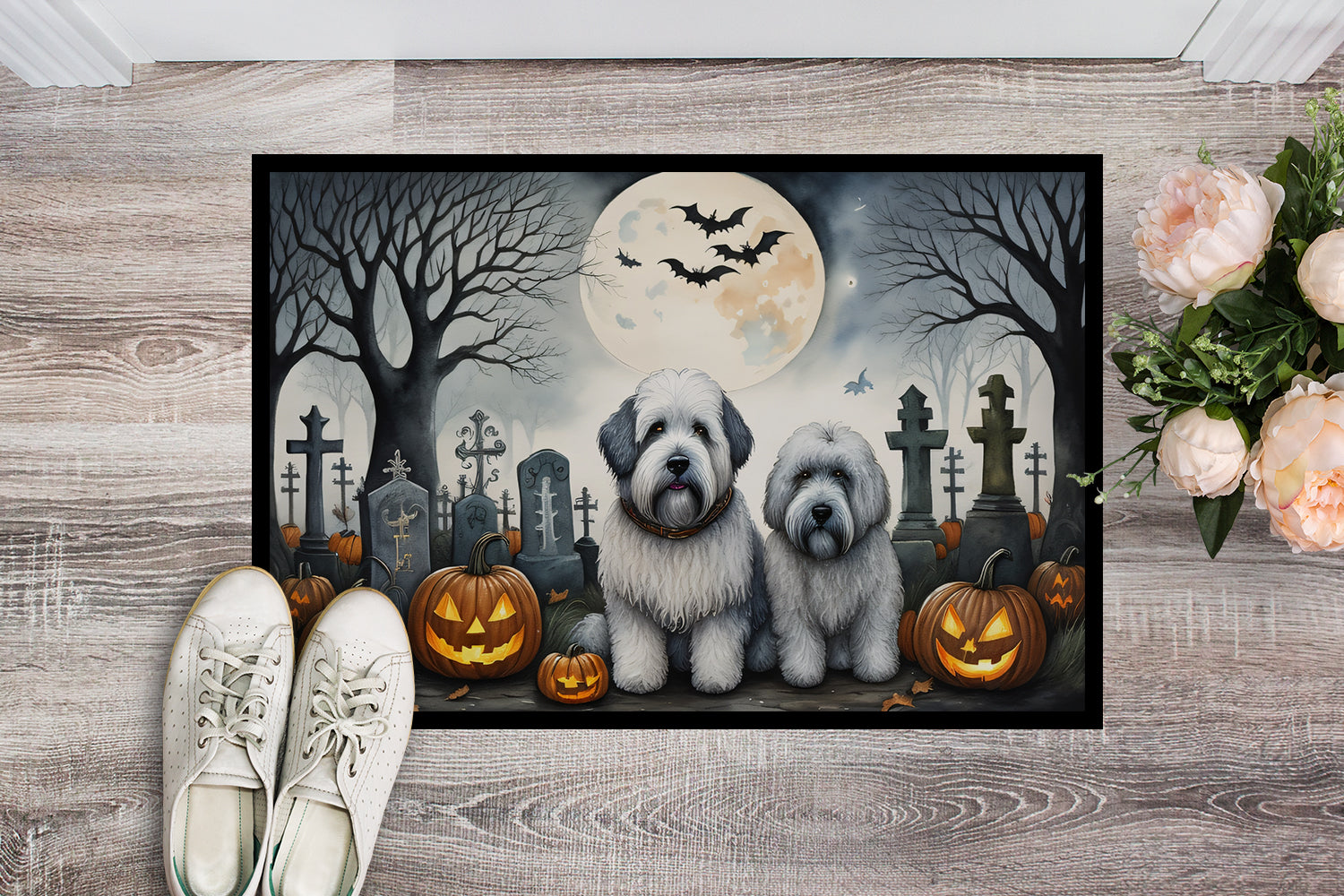 Old English Sheepdog Spooky Halloween Indoor or Outdoor Mat 24x36  the-store.com.