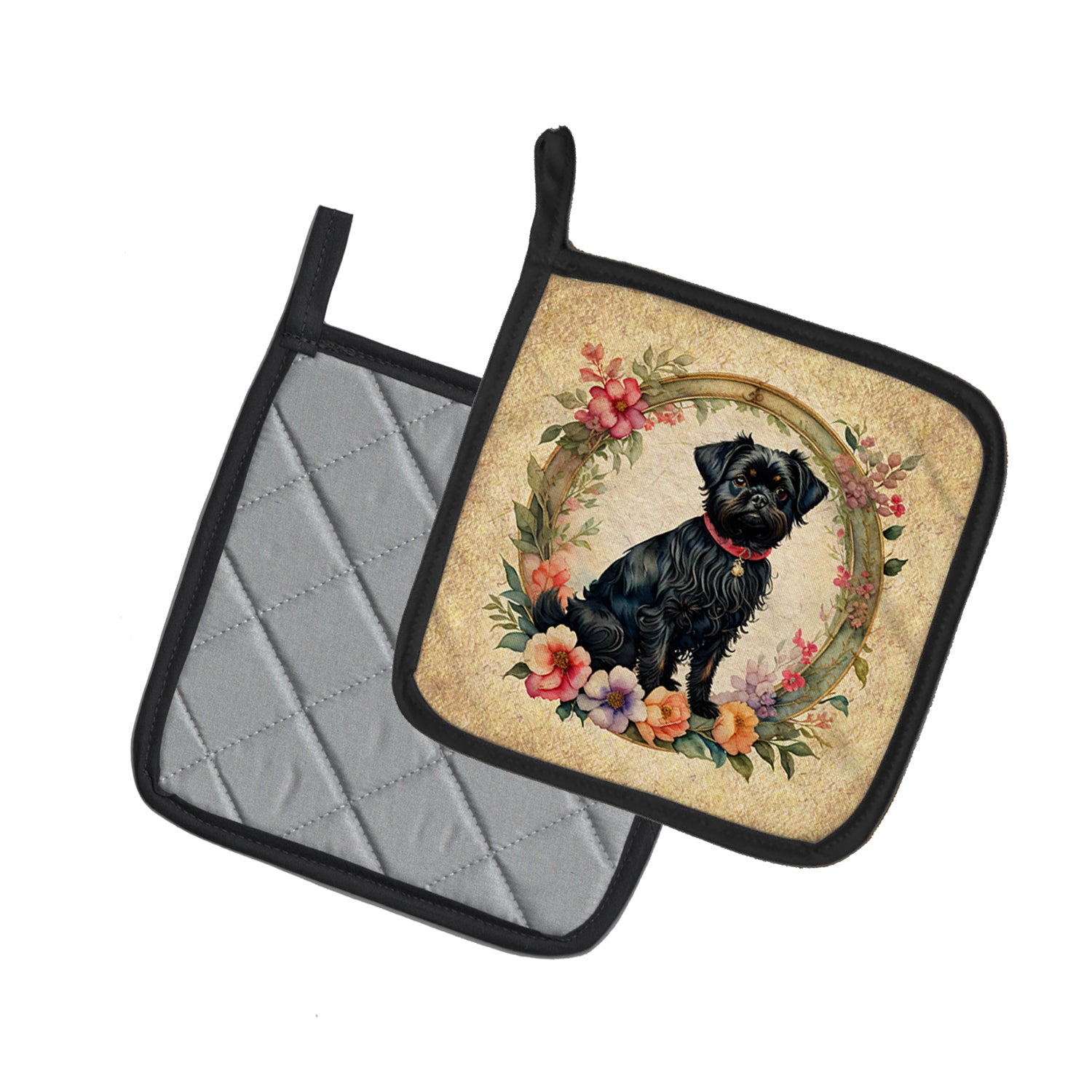 Affenpinscher and Flowers Pair of Pot Holders