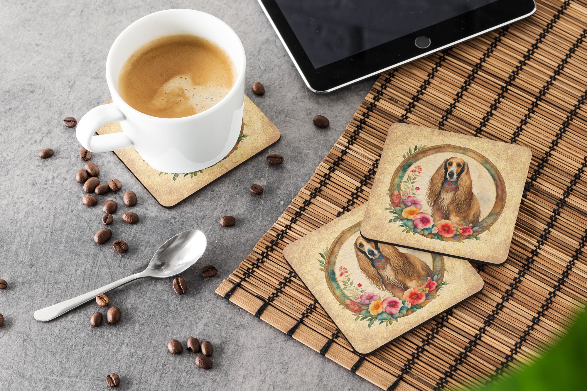 Afghan Hound and Flowers Foam Coasters  the-store.com.