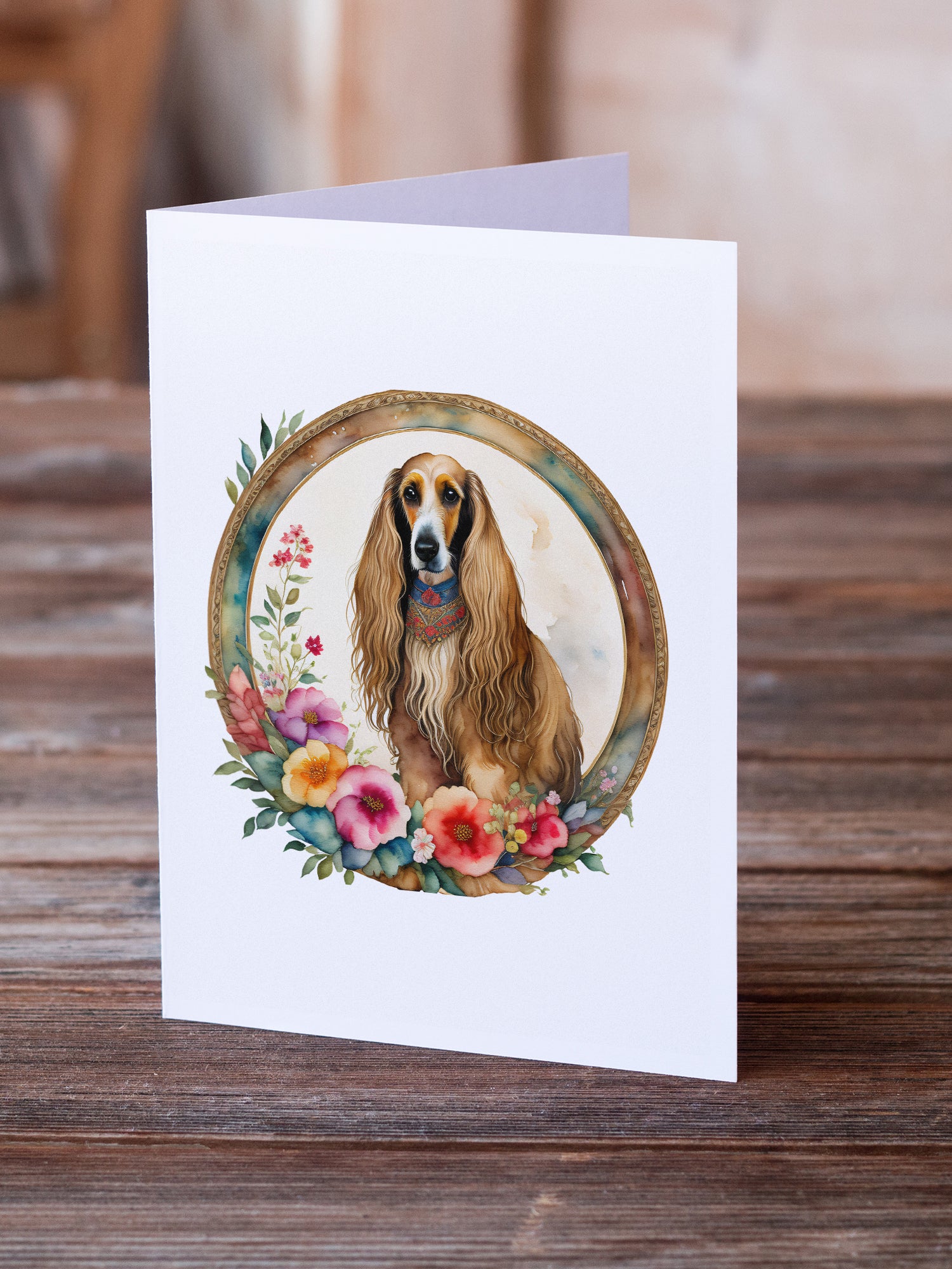 Buy this Afghan Hound and Flowers Greeting Cards and Envelopes Pack of 8