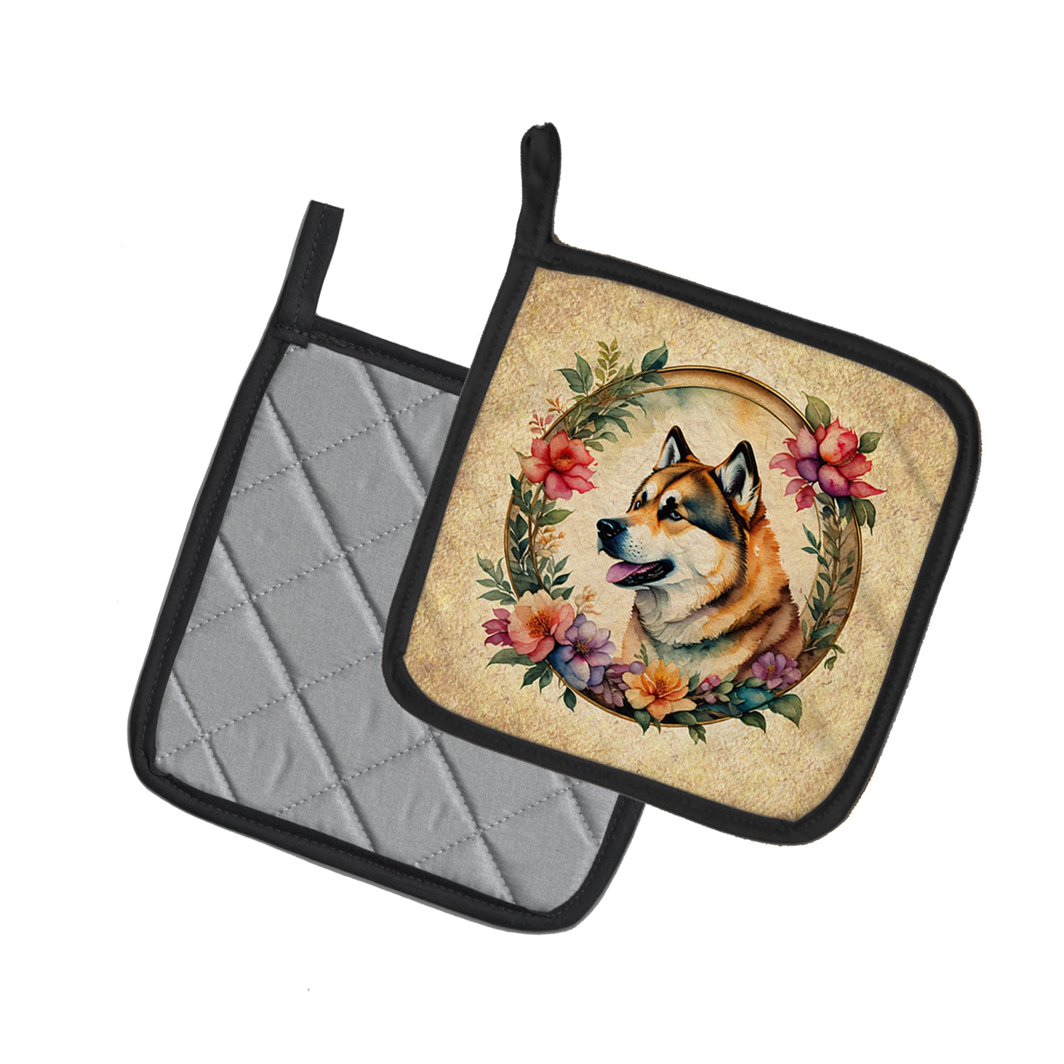 Akita and Flowers Pair of Pot Holders  the-store.com.