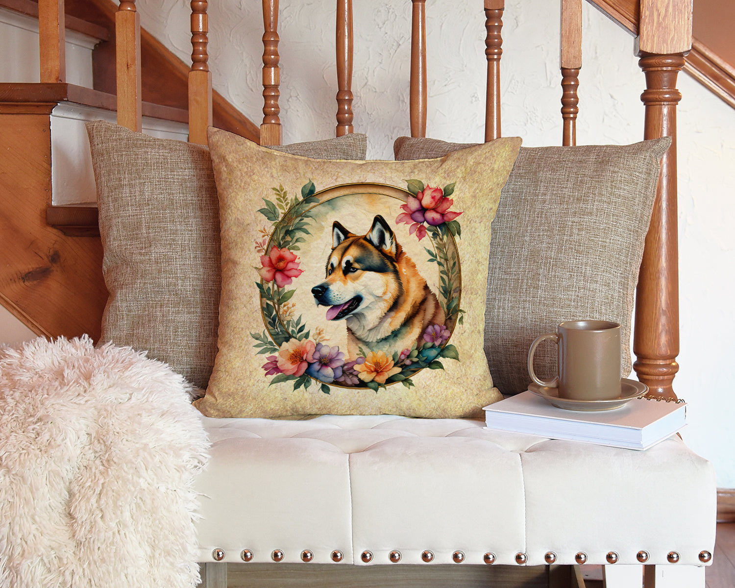 Akita and Flowers Fabric Decorative Pillow  the-store.com.