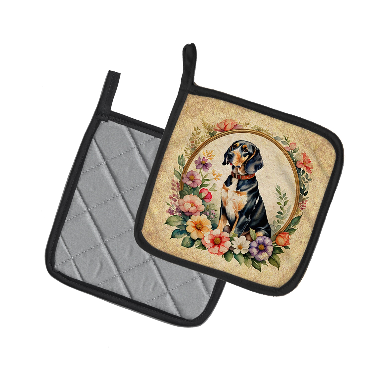 American English Coonhound and Flowers Pair of Pot Holders  the-store.com.