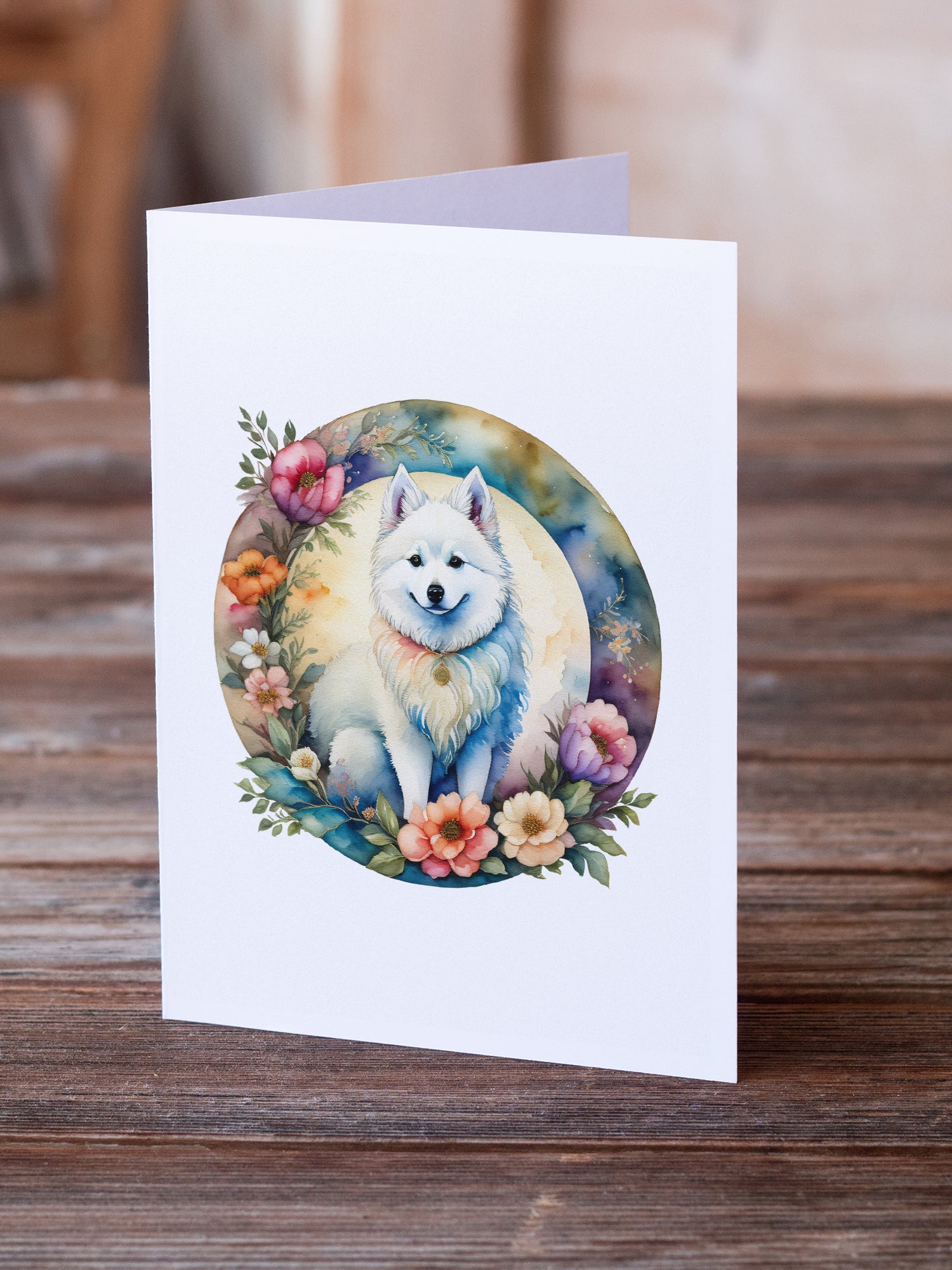 American Eskimo and Flowers Greeting Cards and Envelopes Pack of 8  the-store.com.