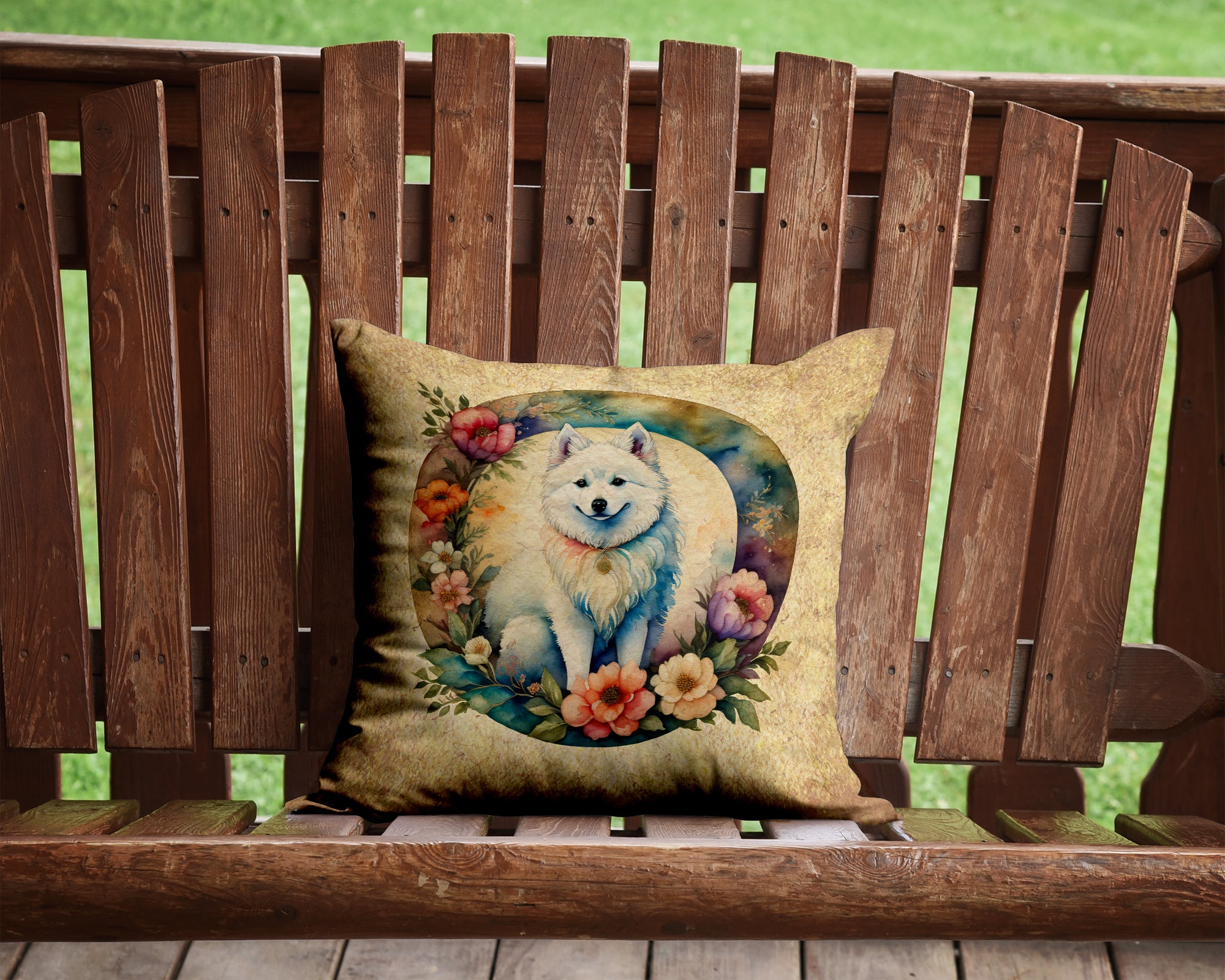 American Eskimo and Flowers Fabric Decorative Pillow  the-store.com.
