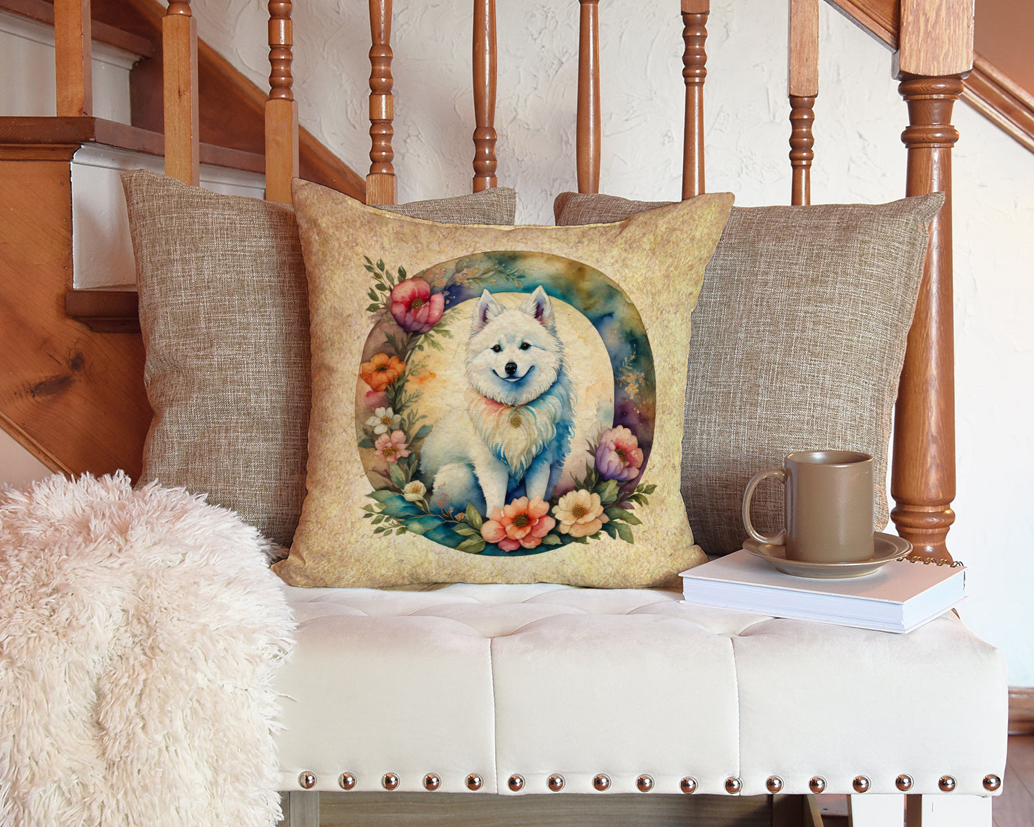 American Eskimo and Flowers Fabric Decorative Pillow  the-store.com.