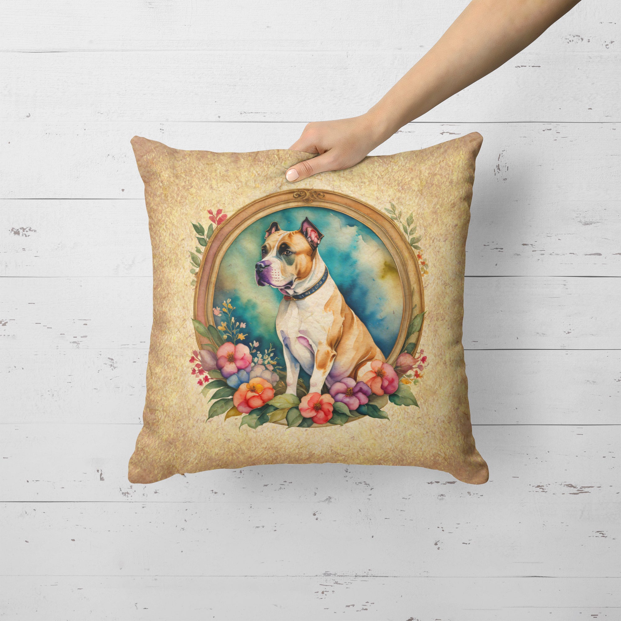 American Staffordshire Terrier and Flowers Fabric Decorative Pillow