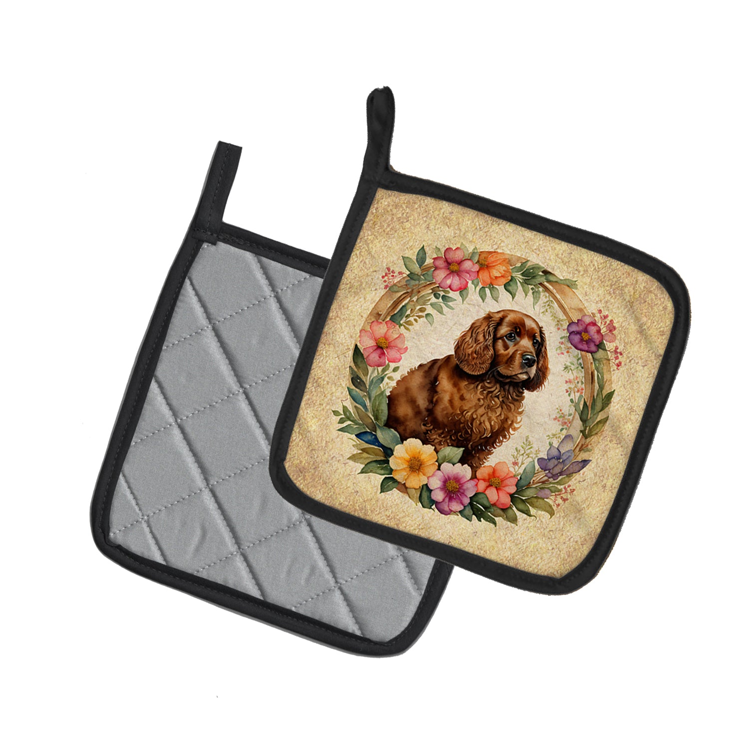 American Water Spaniel and Flowers Pair of Pot Holders  the-store.com.