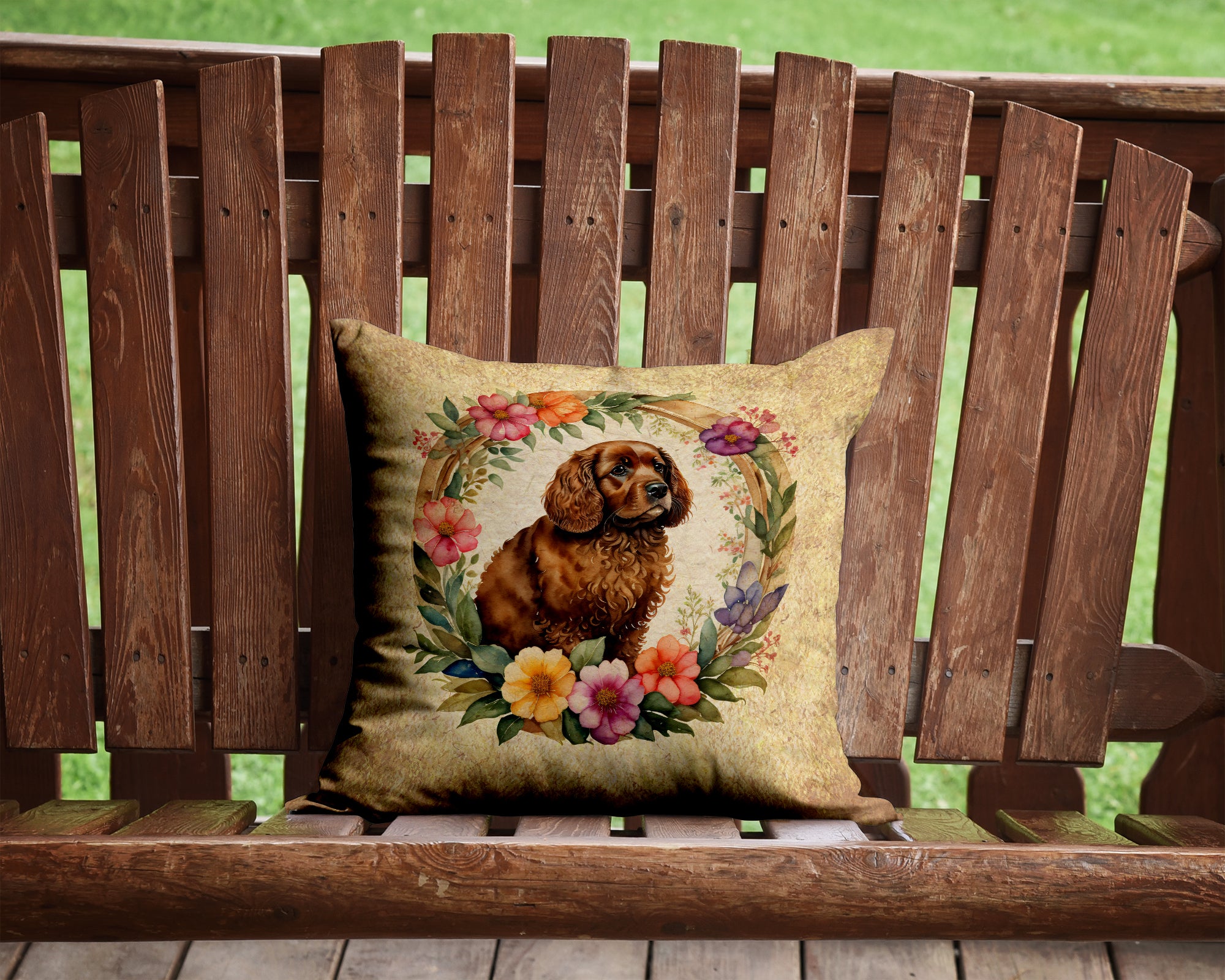 American Water Spaniel and Flowers Fabric Decorative Pillow