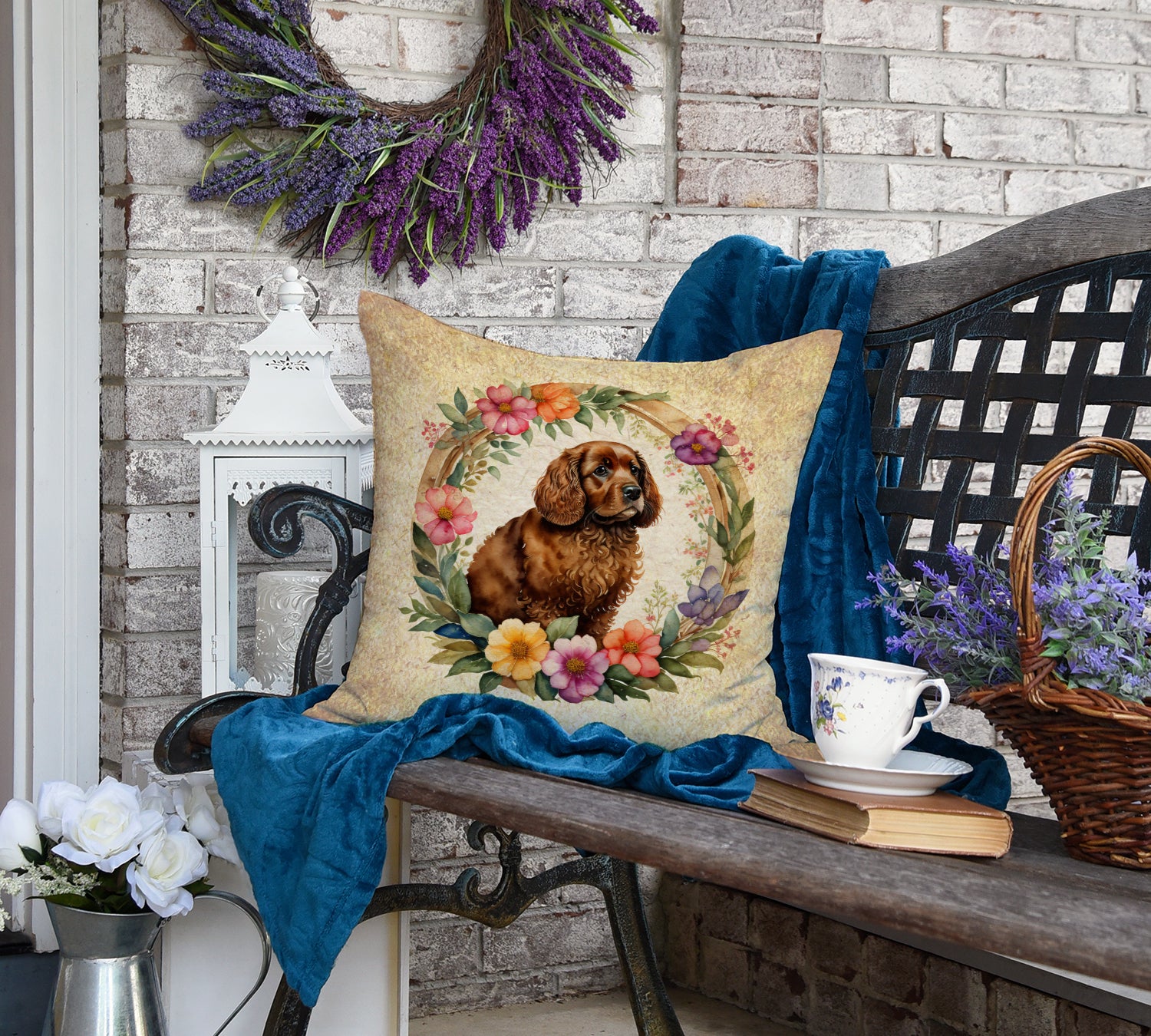 American Water Spaniel and Flowers Fabric Decorative Pillow  the-store.com.