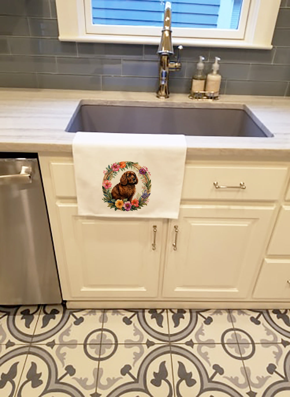 American Water Spaniel and Flowers Kitchen Towel Set of 2  the-store.com.