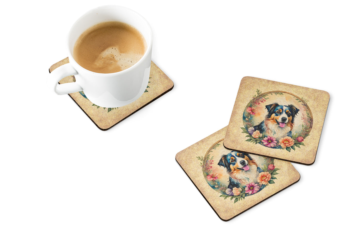 Australian Shepherd and Flowers Foam Coasters  the-store.com.