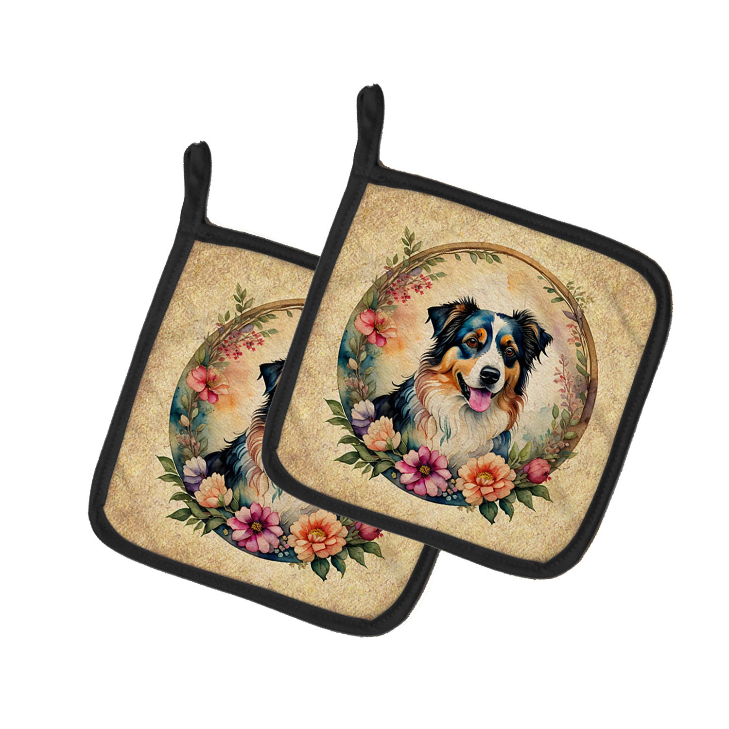 Buy this Australian Shepherd and Flowers Pair of Pot Holders