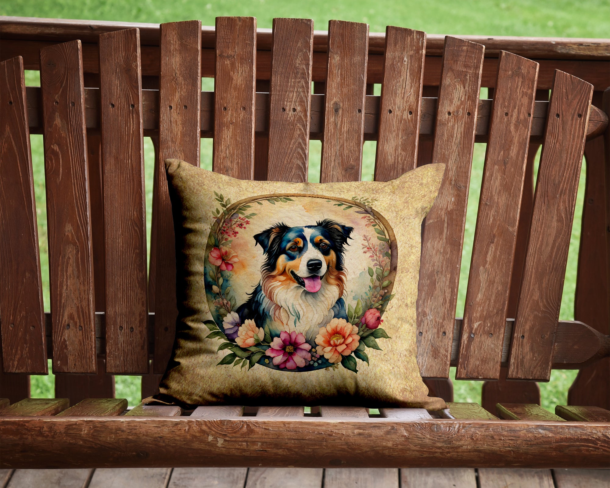 Buy this Australian Shepherd and Flowers Fabric Decorative Pillow