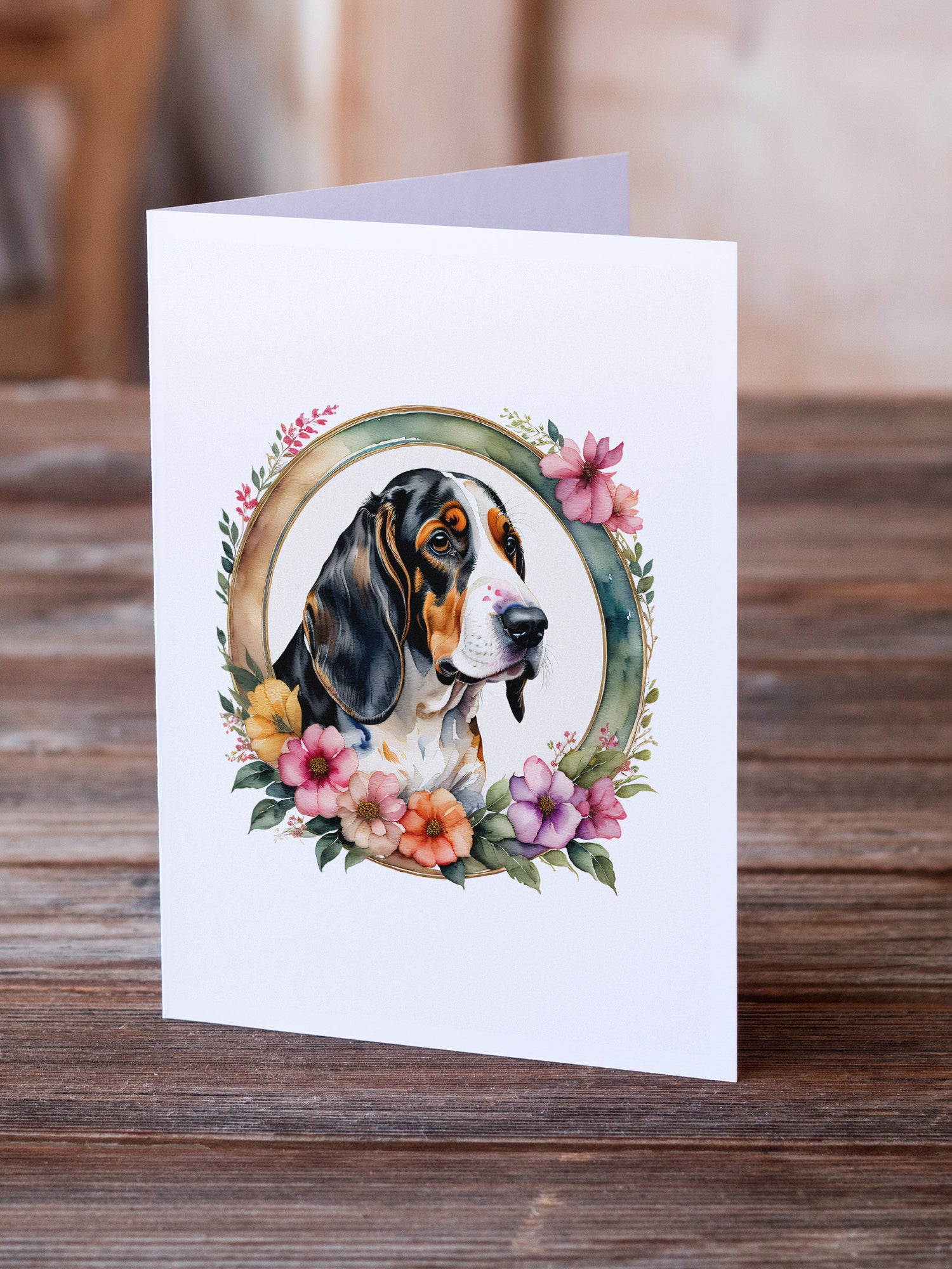 Basset Hound and Flowers Greeting Cards and Envelopes Pack of 8  the-store.com.