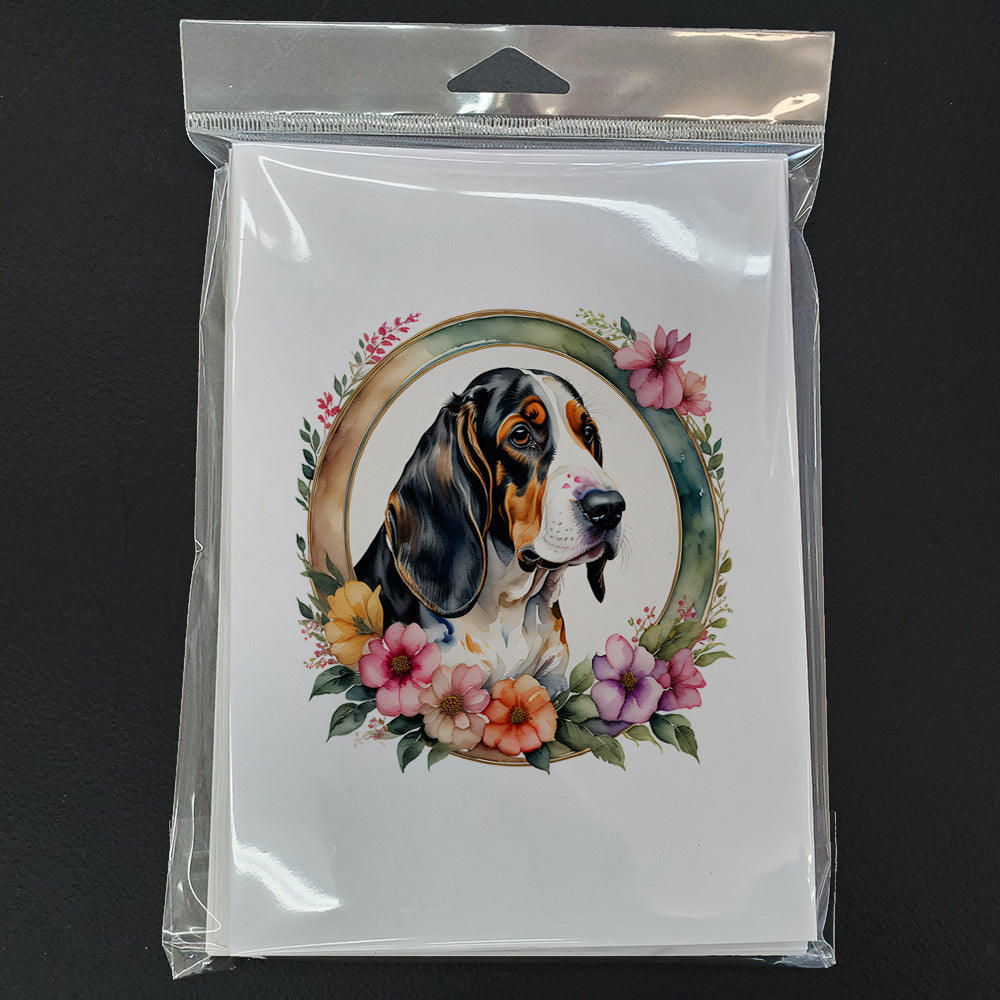 Basset Hound and Flowers Greeting Cards and Envelopes Pack of 8  the-store.com.