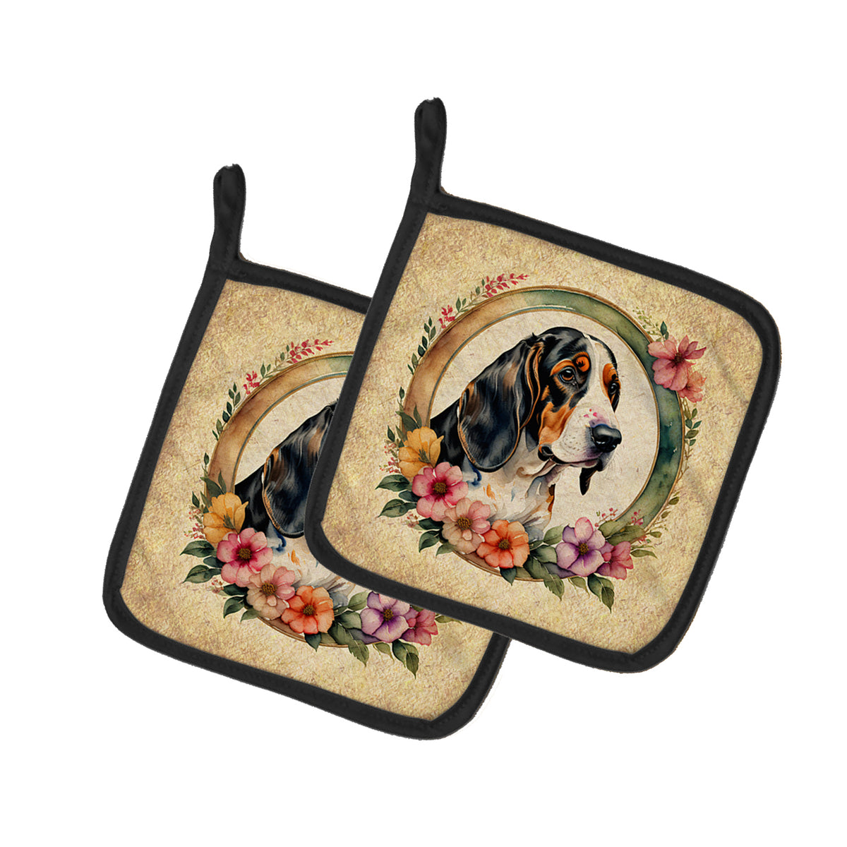 Buy this Basset Hound and Flowers Pair of Pot Holders