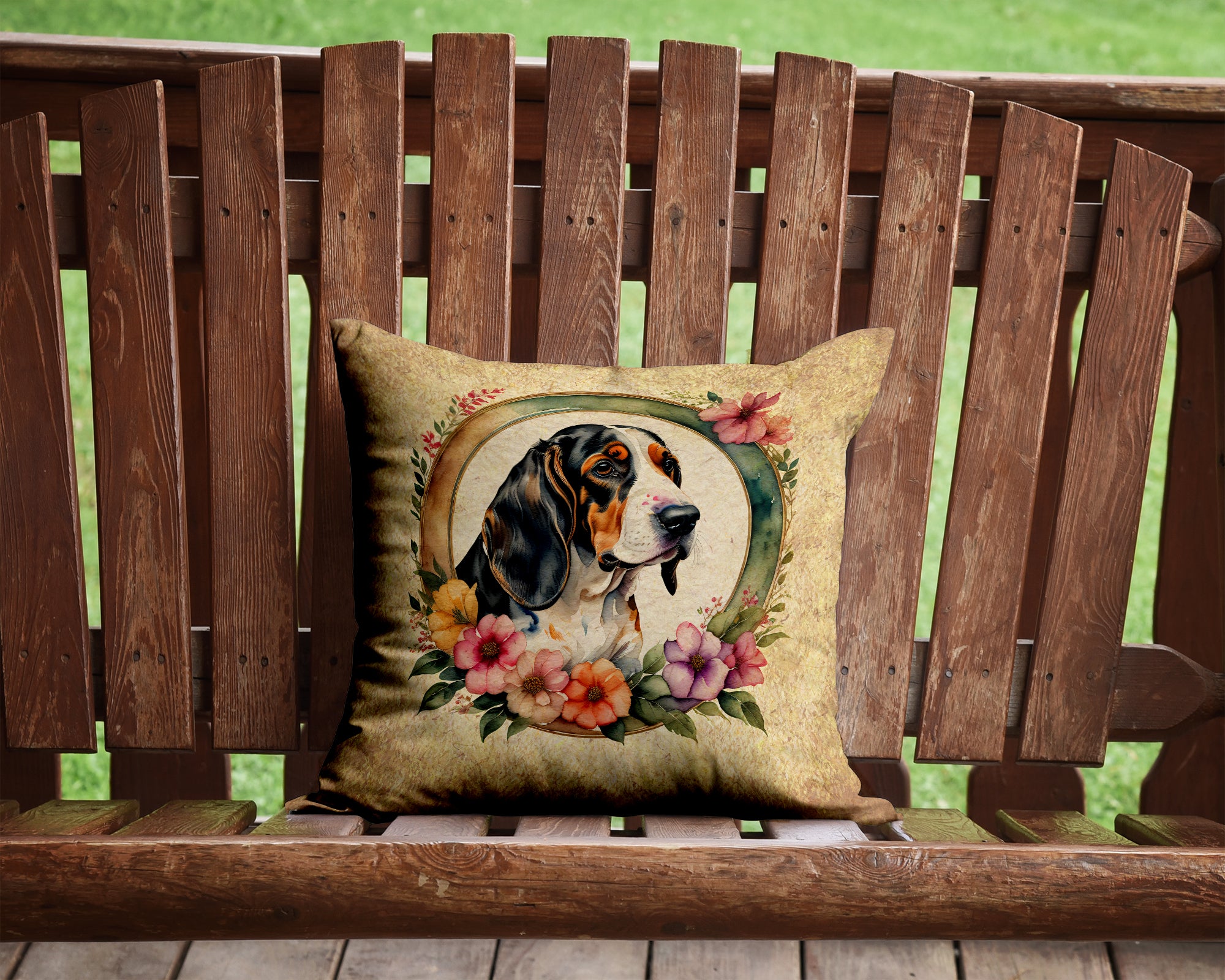 Buy this Basset Hound and Flowers Fabric Decorative Pillow