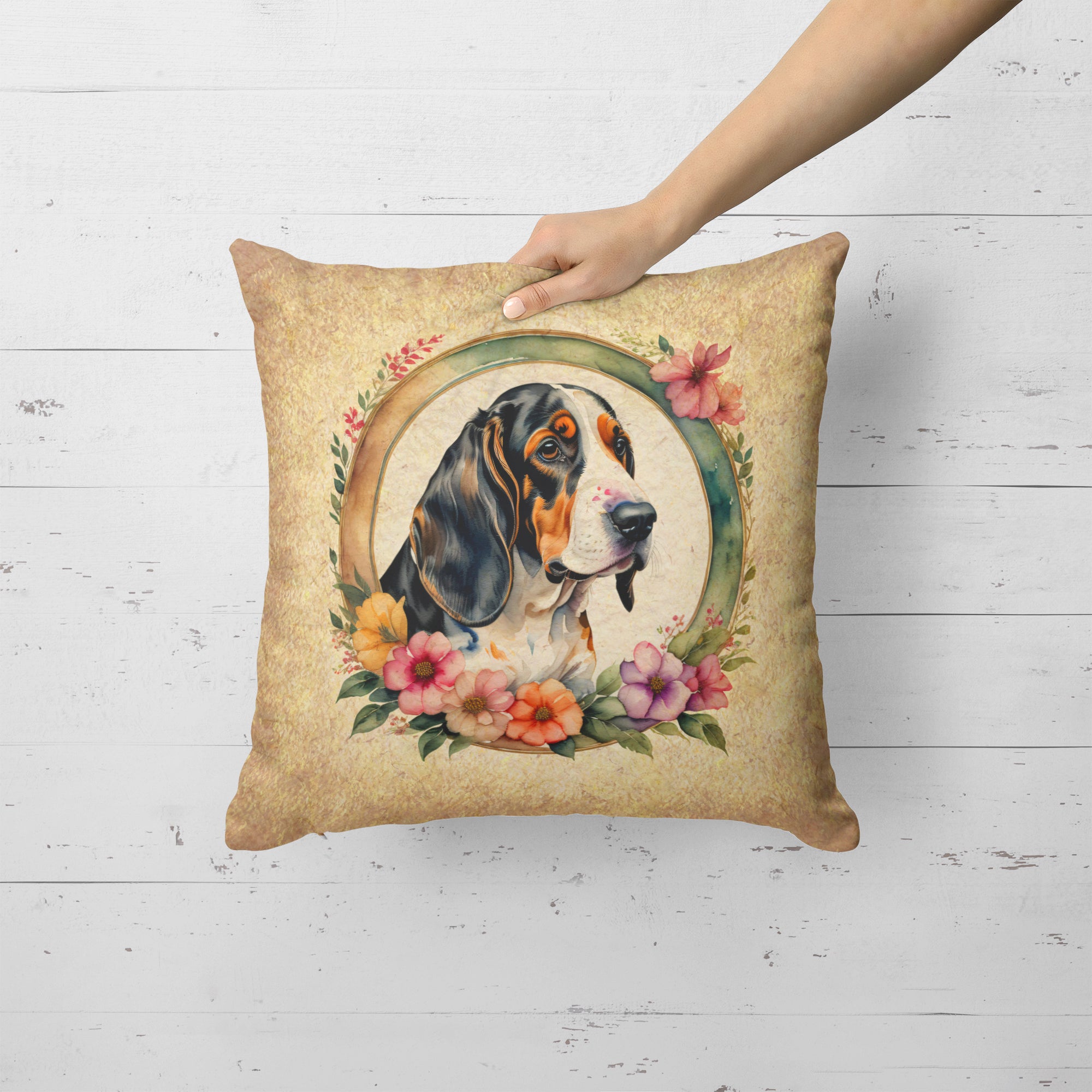 Basset Hound and Flowers Fabric Decorative Pillow  the-store.com.