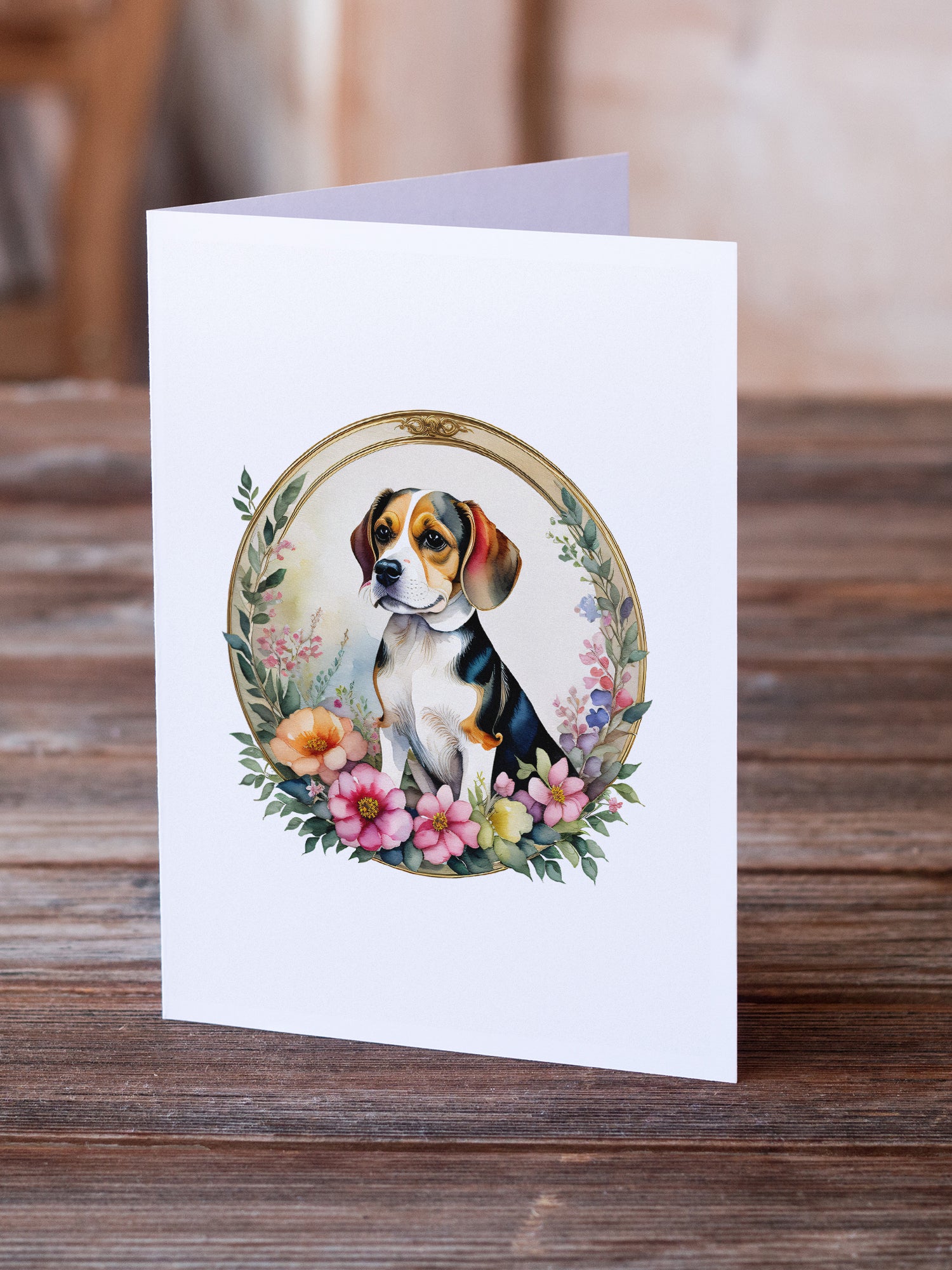 Beagle and Flowers Greeting Cards and Envelopes Pack of 8  the-store.com.