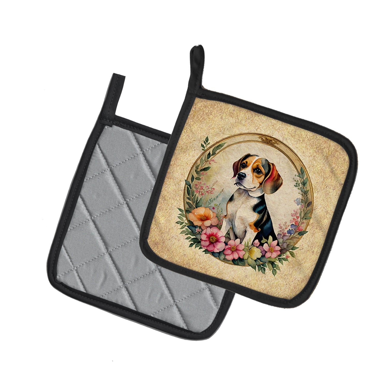 Beagle and Flowers Pair of Pot Holders  the-store.com.