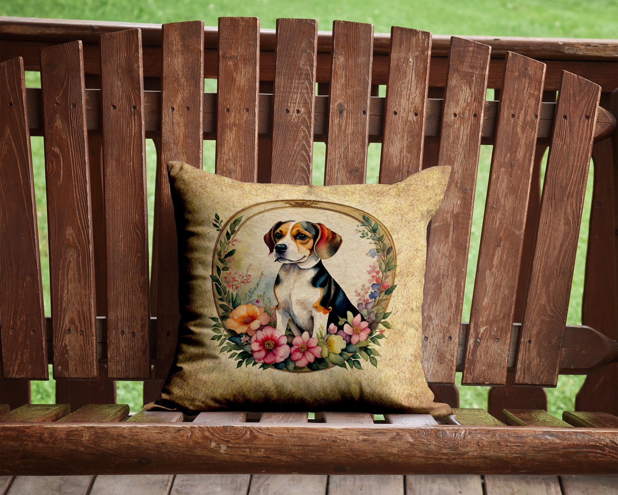 Beagle and Flowers Fabric Decorative Pillow