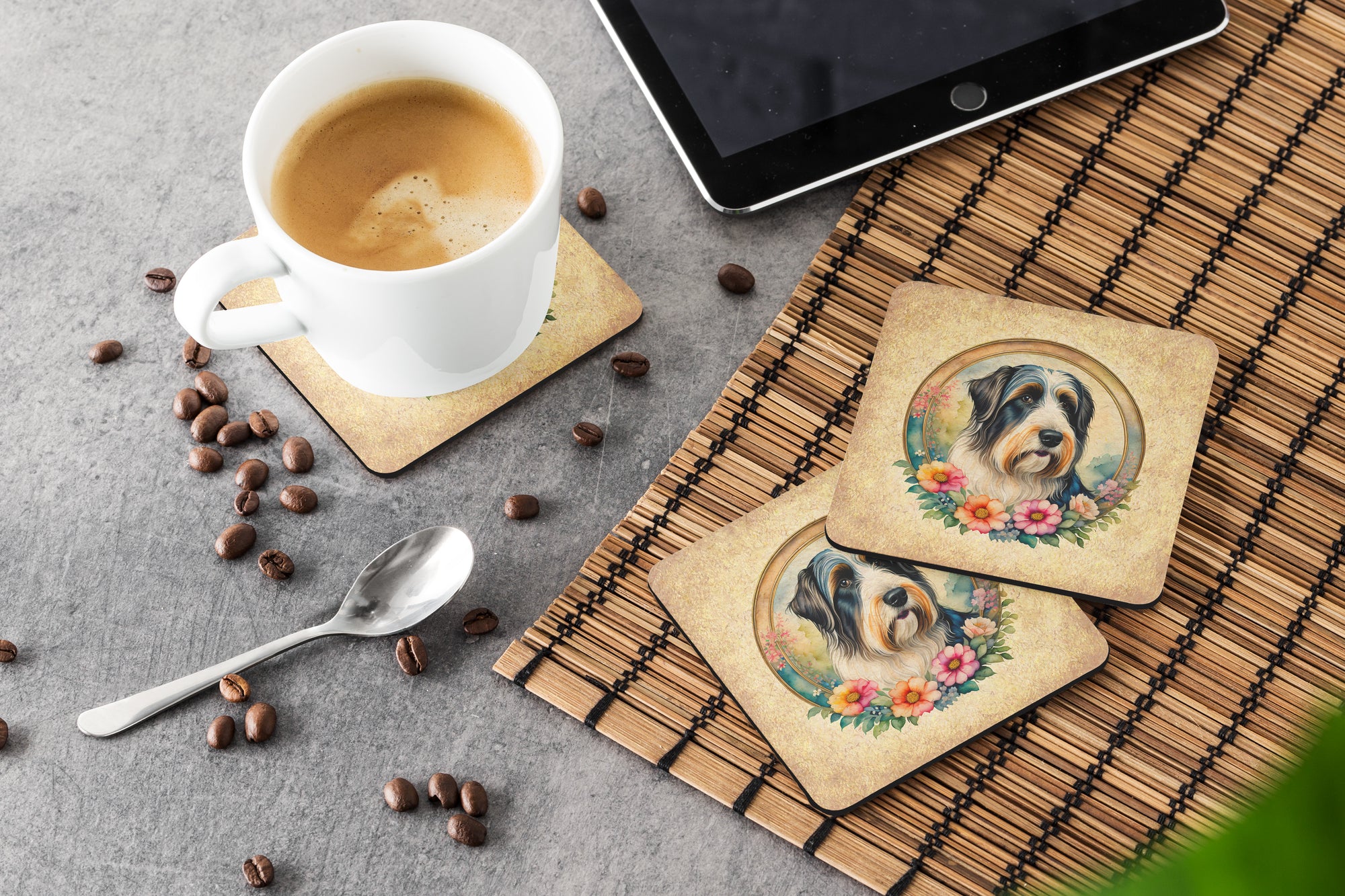 Bearded Collie and Flowers Foam Coasters  the-store.com.