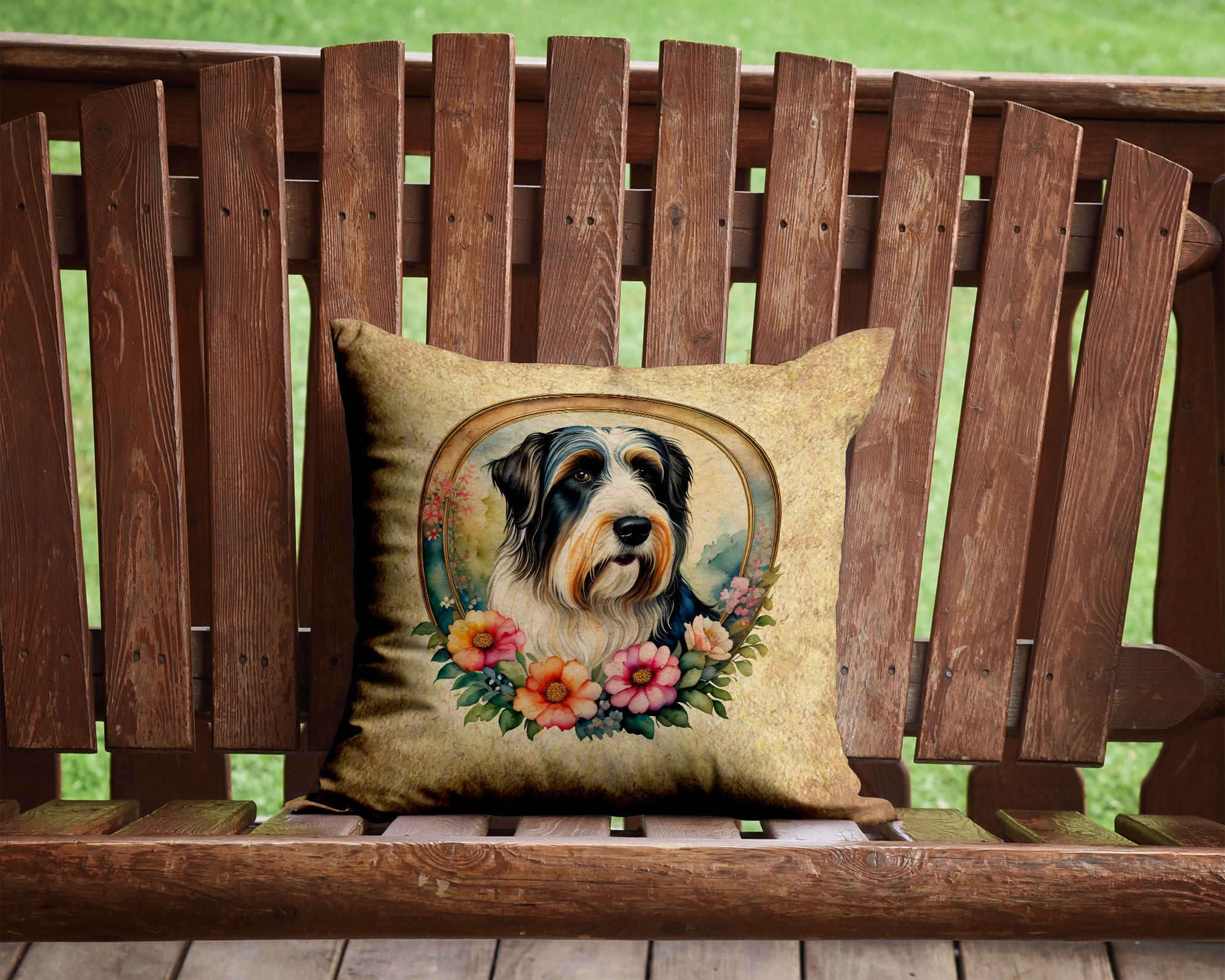 Bearded Collie and Flowers Fabric Decorative Pillow  the-store.com.