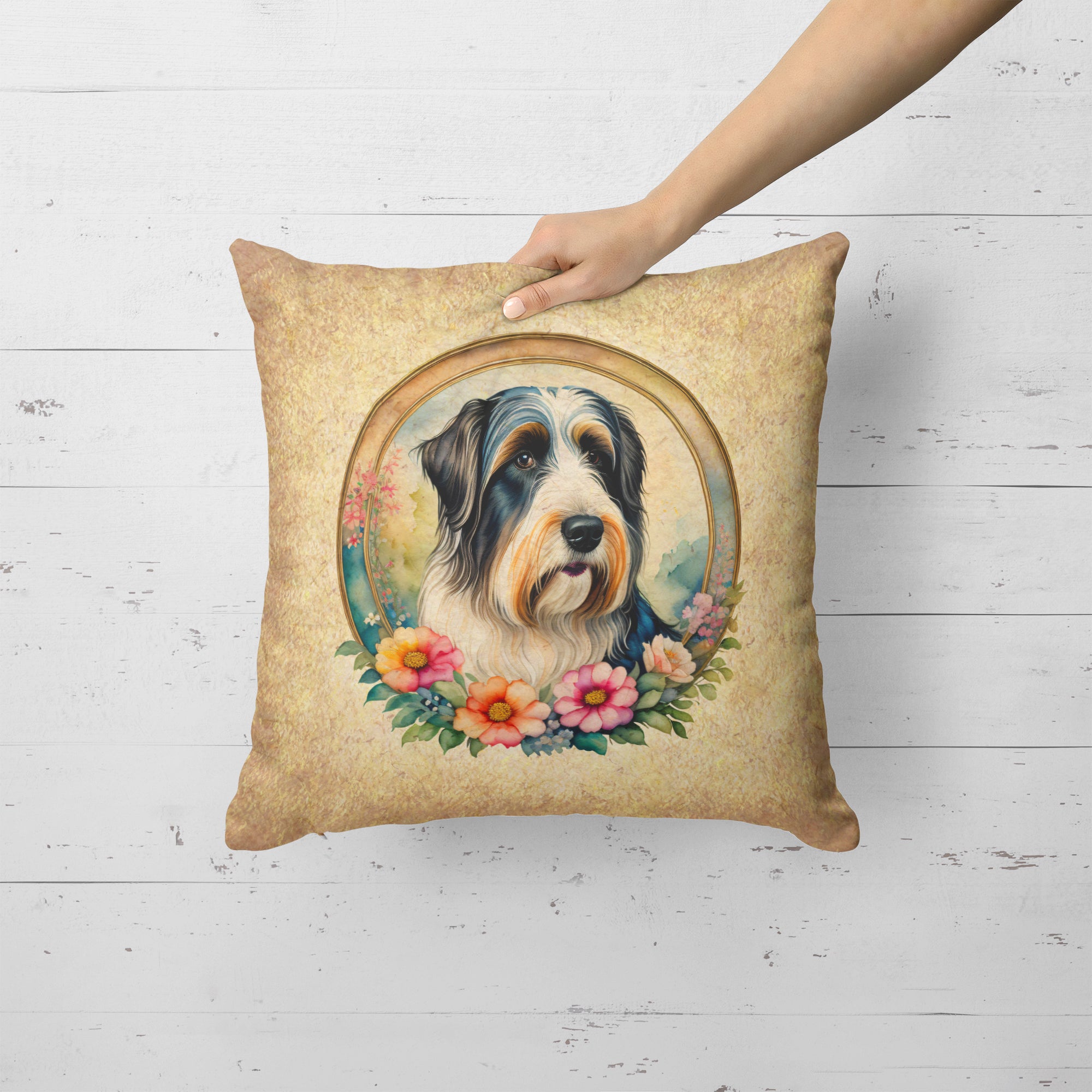 Bearded Collie and Flowers Fabric Decorative Pillow  the-store.com.