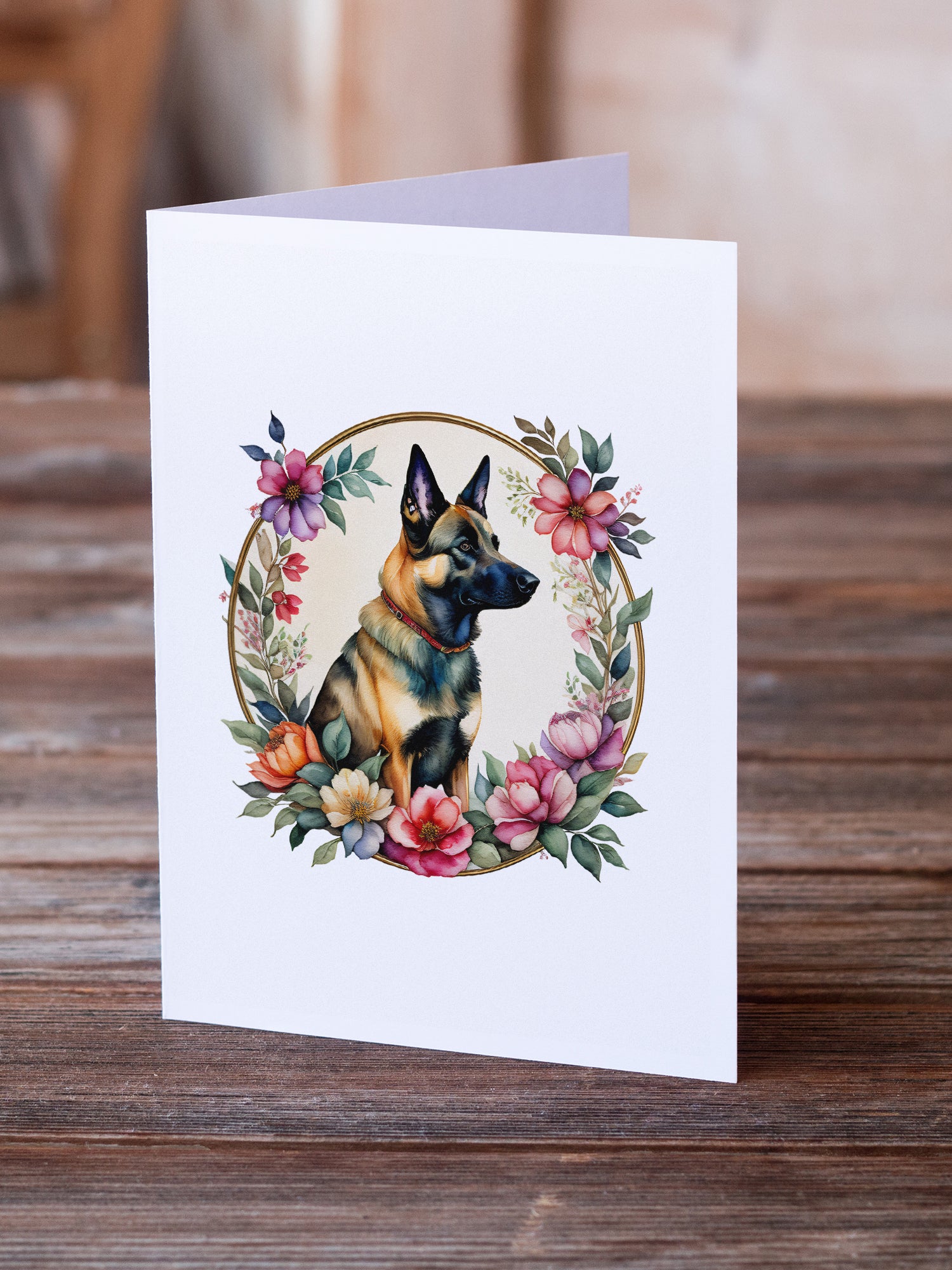 Belgian Malinois and Flowers Greeting Cards and Envelopes Pack of 8  the-store.com.