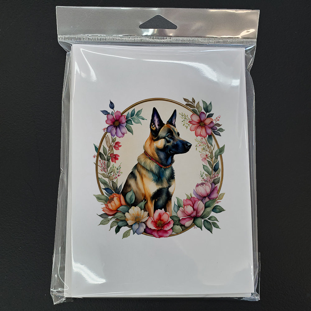 Belgian Malinois and Flowers Greeting Cards and Envelopes Pack of 8  the-store.com.